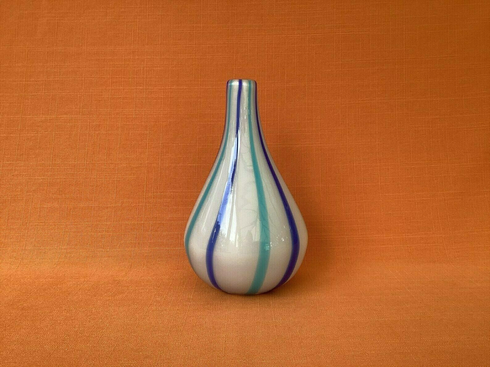 Mid Century Cased Glass Vase With Blue Striped Design, Hand Blown Candy Striped Glass Vase, Possibly Murano, Retro Blue & White Striped Vase photo furniture