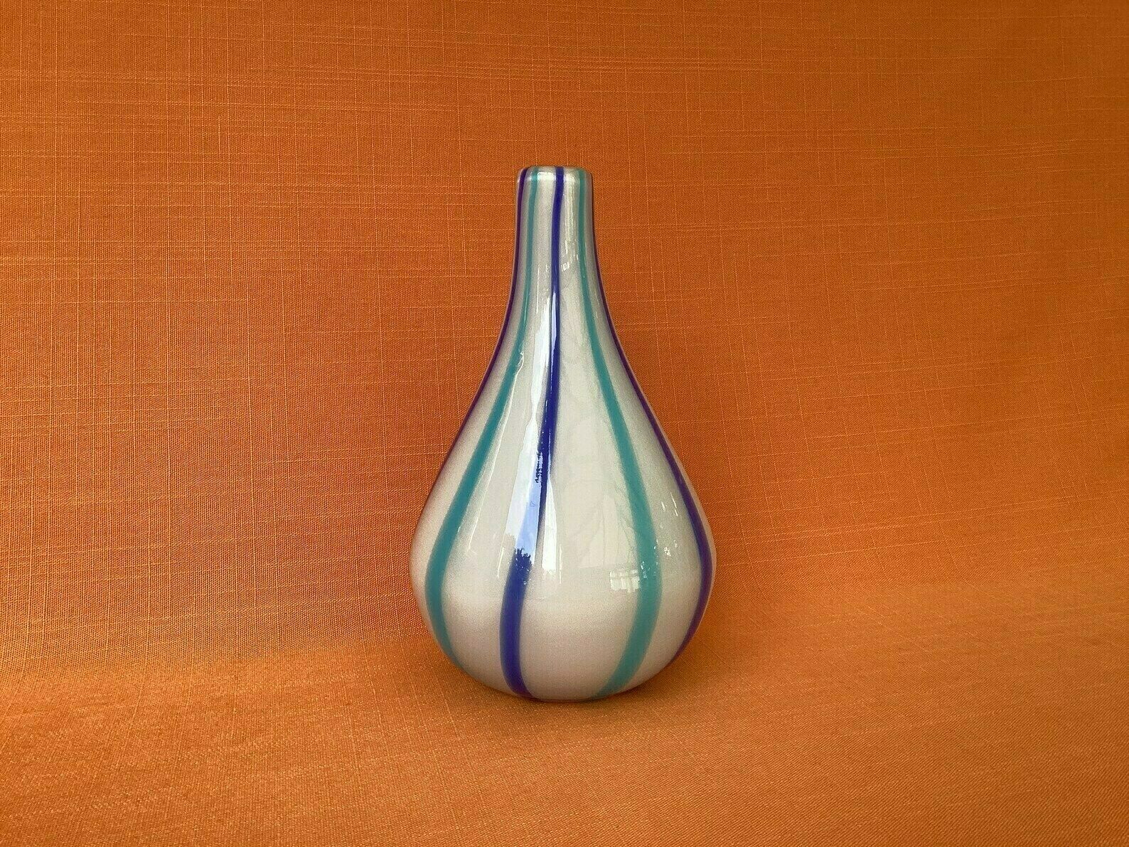 Mid Century Cased Glass Vase With Blue Striped Design, Hand Blown Candy Striped Glass Vase, Possibly Murano, Retro Blue & White Striped Vase photo for sale