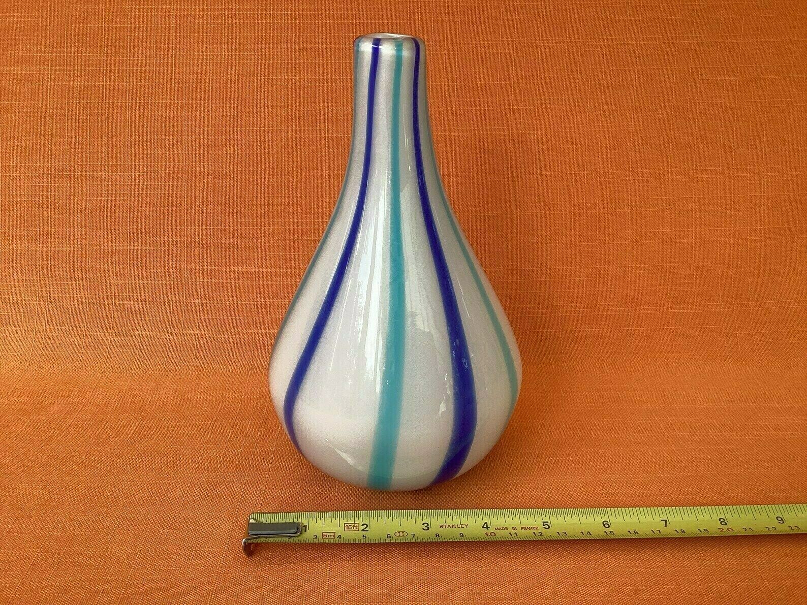 photo furniture Mid Century Cased Glass Vase With Blue Striped Design, Hand Blown Candy Striped Glass Vase, Possibly Murano, Retro Blue & White Striped Vase