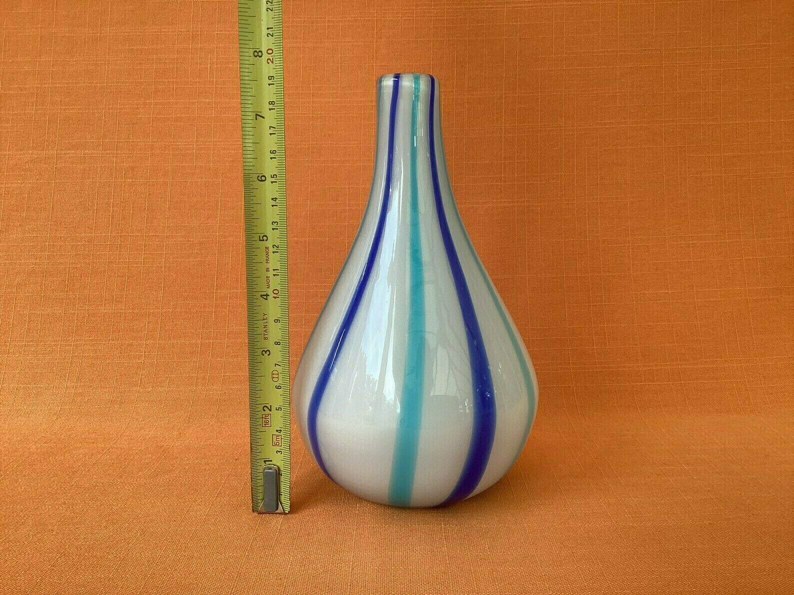 photo for sale Mid Century Cased Glass Vase With Blue Striped Design, Hand Blown Candy Striped Glass Vase, Possibly Murano, Retro Blue & White Striped Vase
