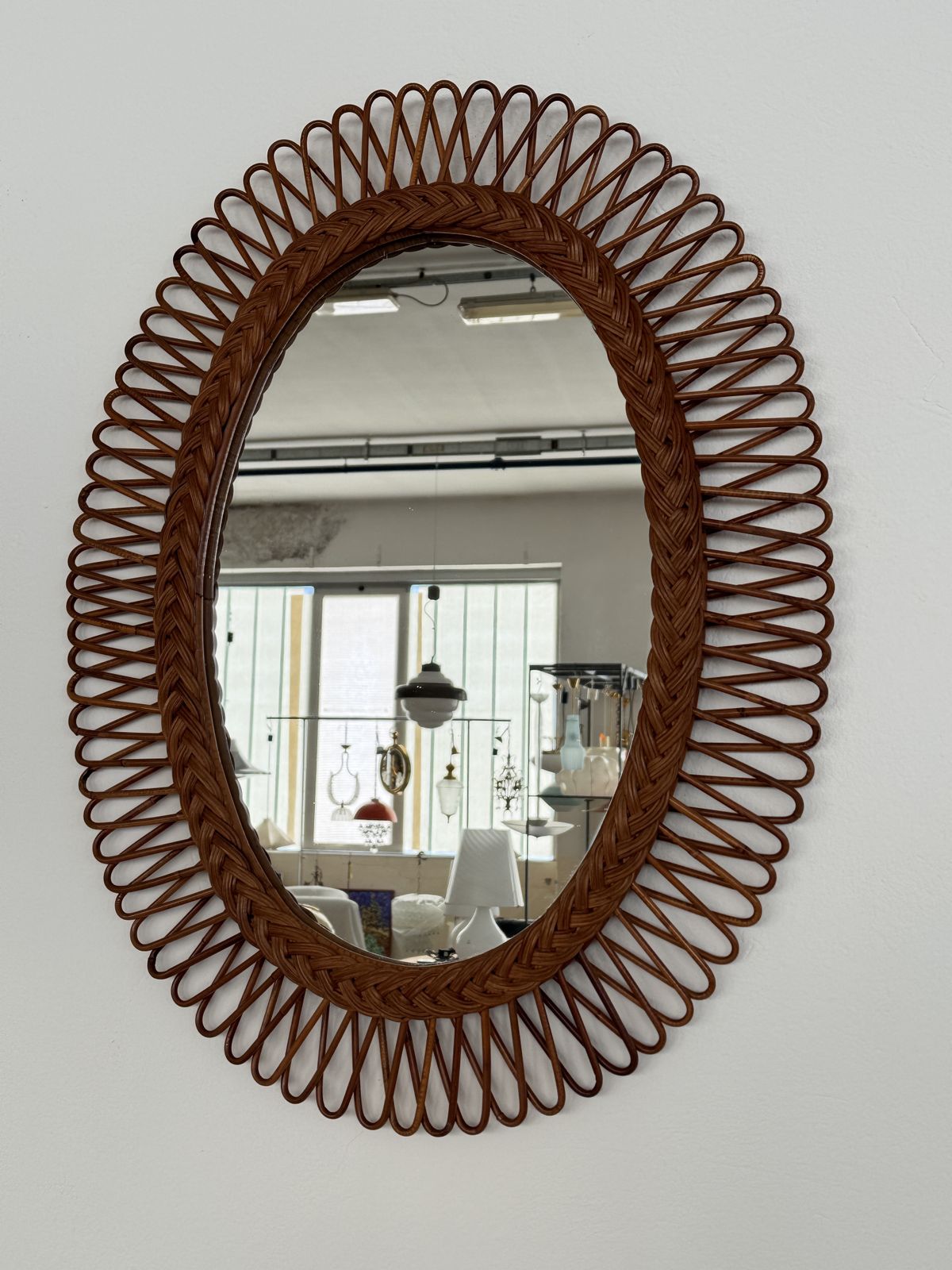 Italian Wall Mirror With Organic Bamboo And Wicker Frame, 1960s photo for sale