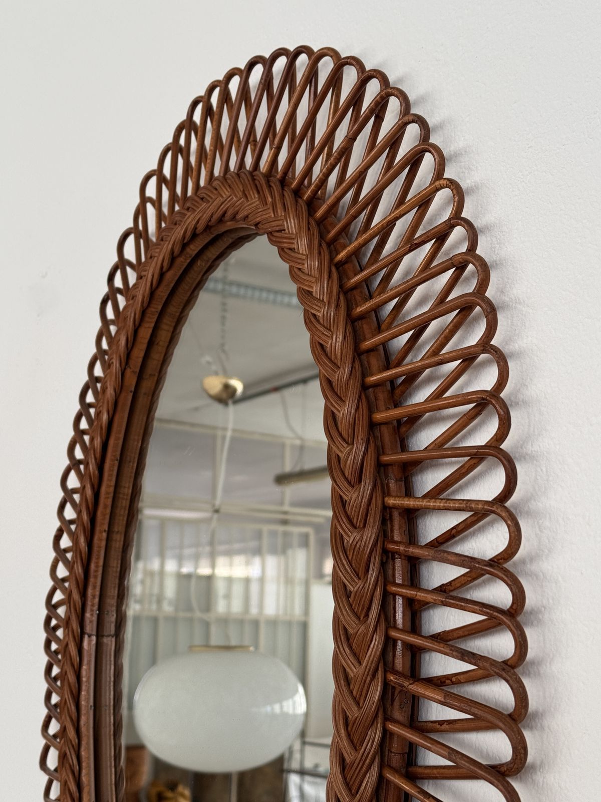 photo furniture Italian Wall Mirror With Organic Bamboo And Wicker Frame, 1960s