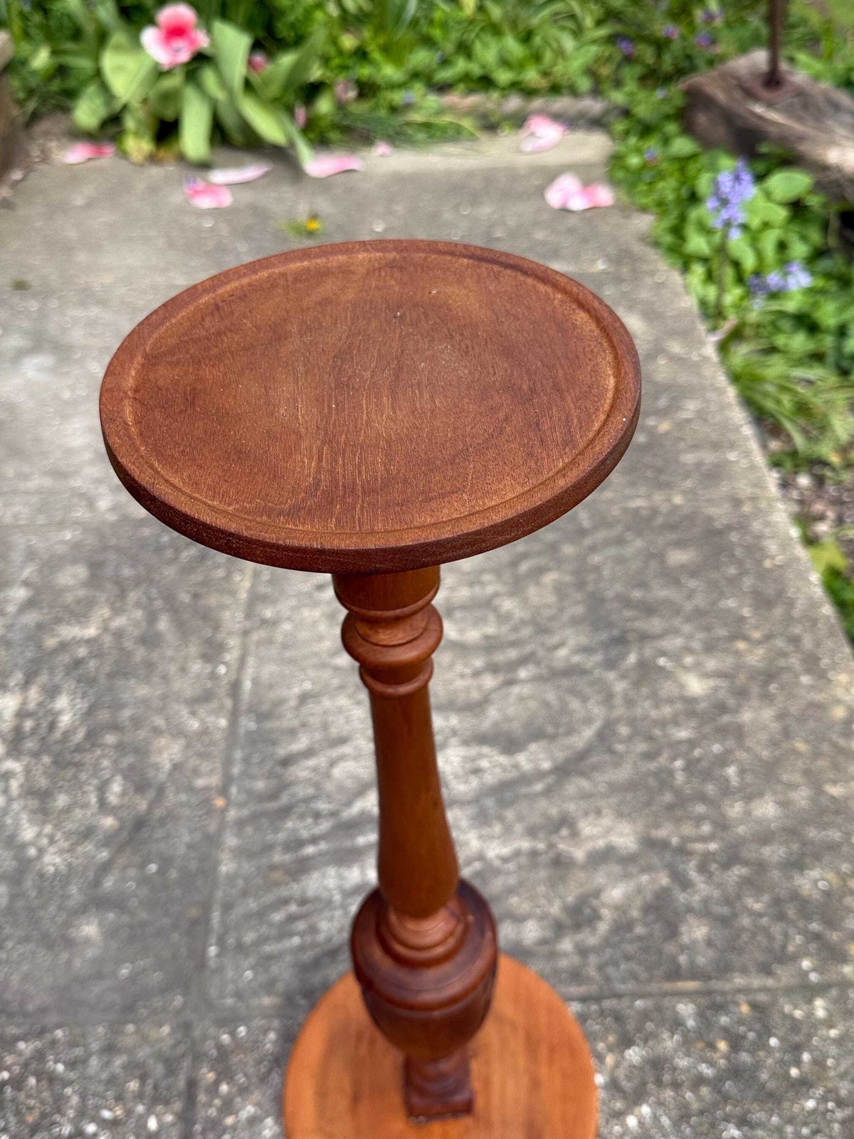 photo furniture Vintage Wooden Plant Stand | 1970s Handcrafted Turned Wood Pedestal Stand | Folk Style Display Stand