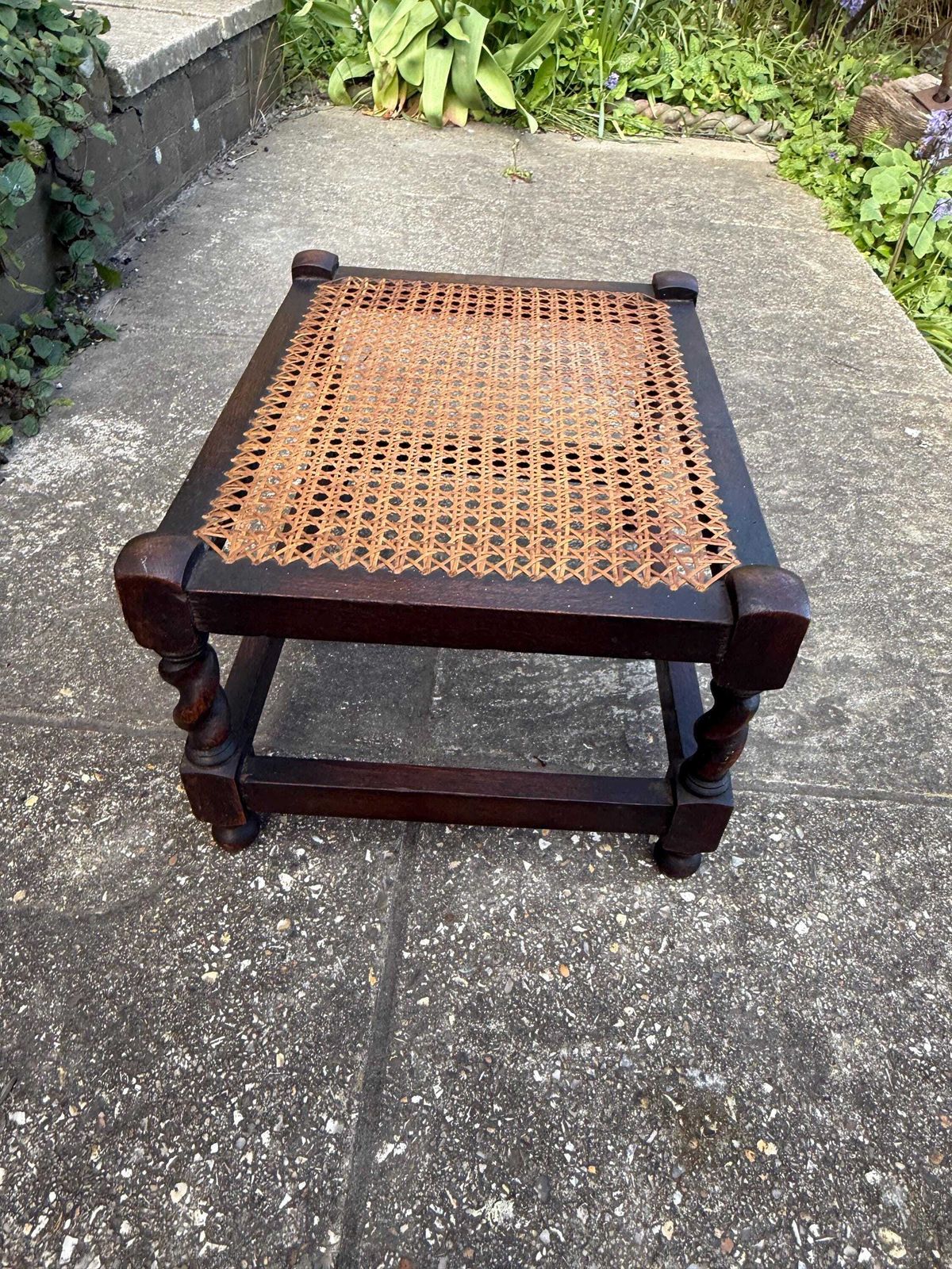 photo furniture Antique Edwardian Style Oak Cane Top Stool Woven Rattan Footstool Side Table