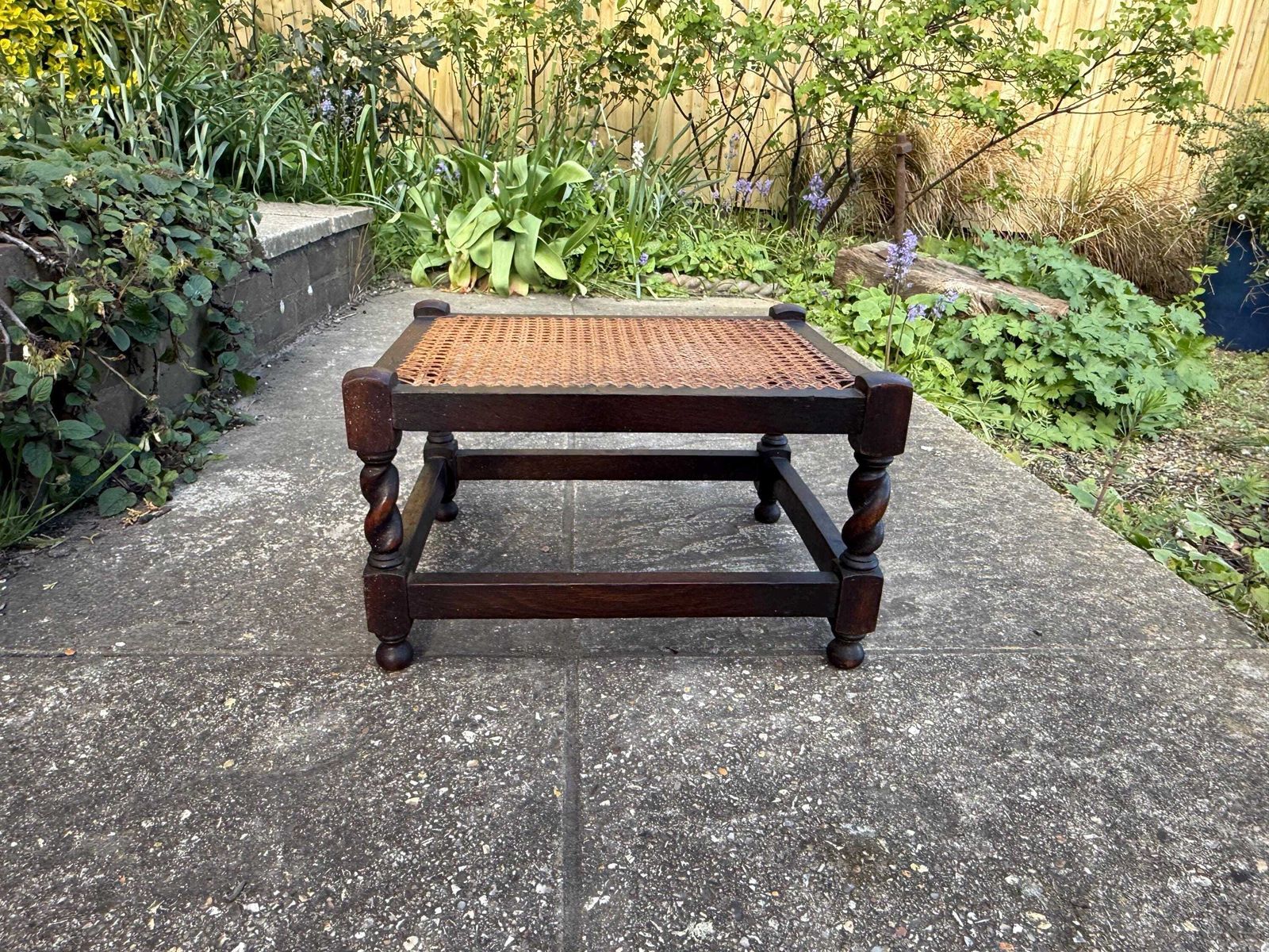 125.0 Antique Edwardian Style Oak Cane Top Stool Woven Rattan Footstool Side Table photo