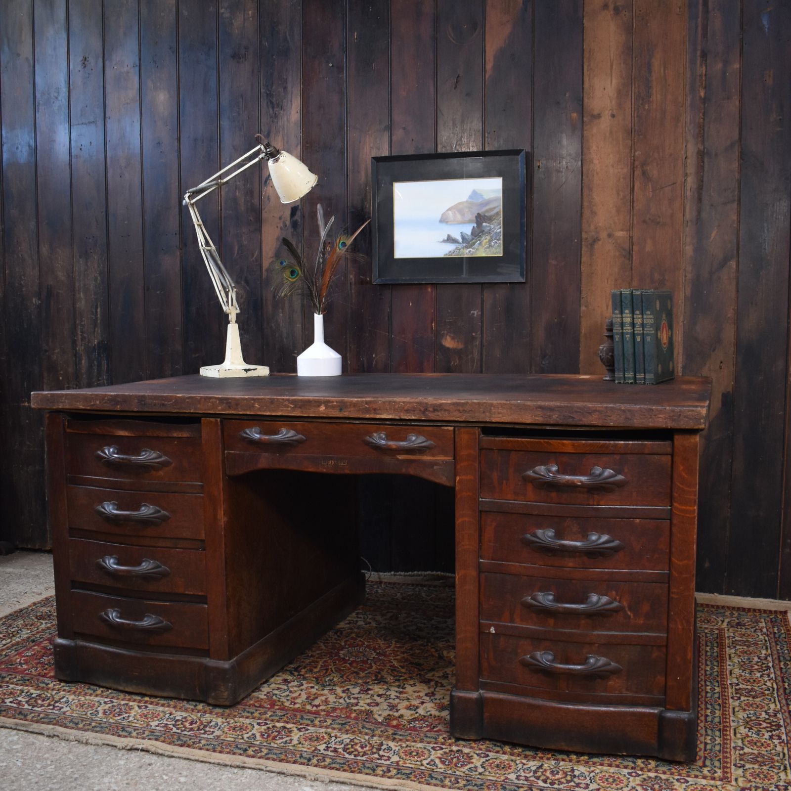 Antique Leyden And Van Beest Oak Twin Pedistal Country House Large Estate Desk