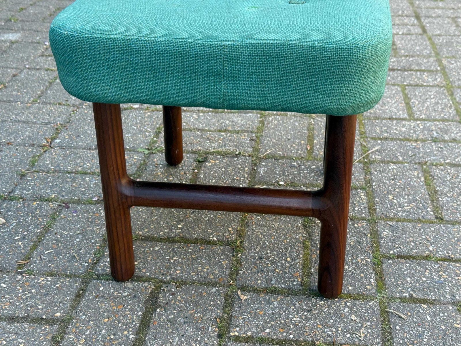 photo furniture Mid Century Teak Upholstered Stool Green Fabric Footstool Retro Style
