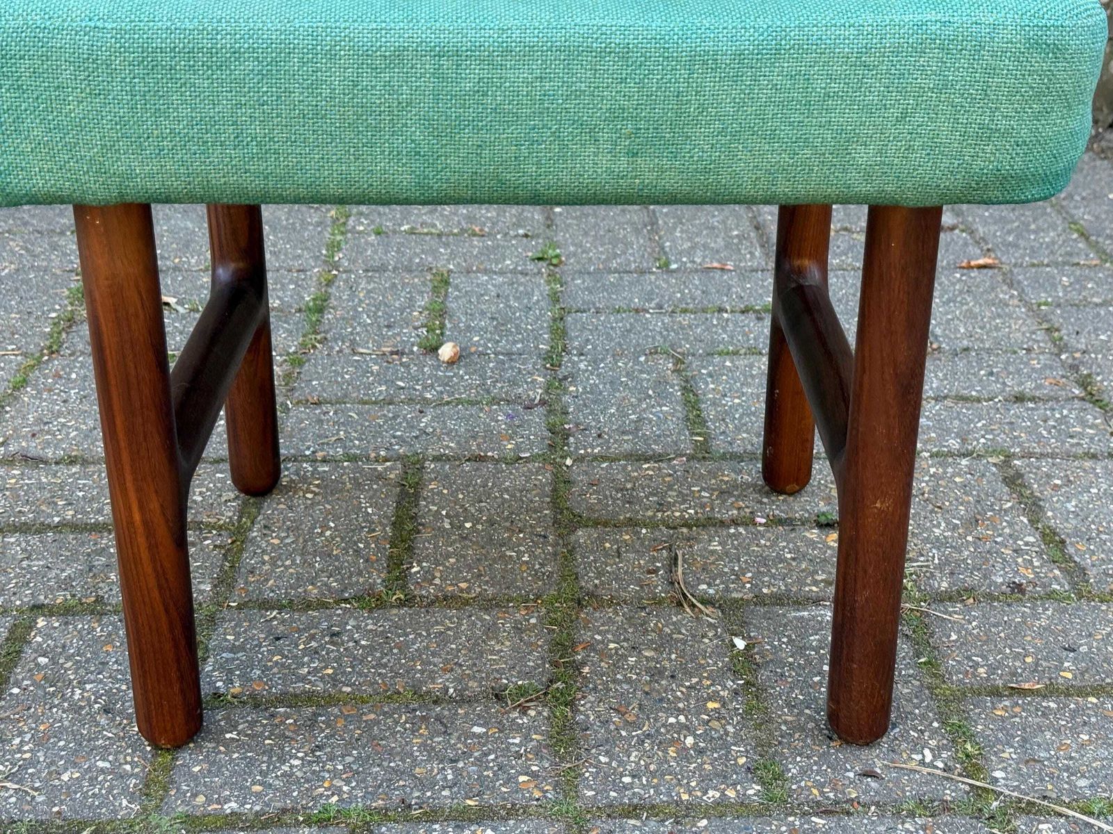 photo for sale Mid Century Teak Upholstered Stool Green Fabric Footstool Retro Style