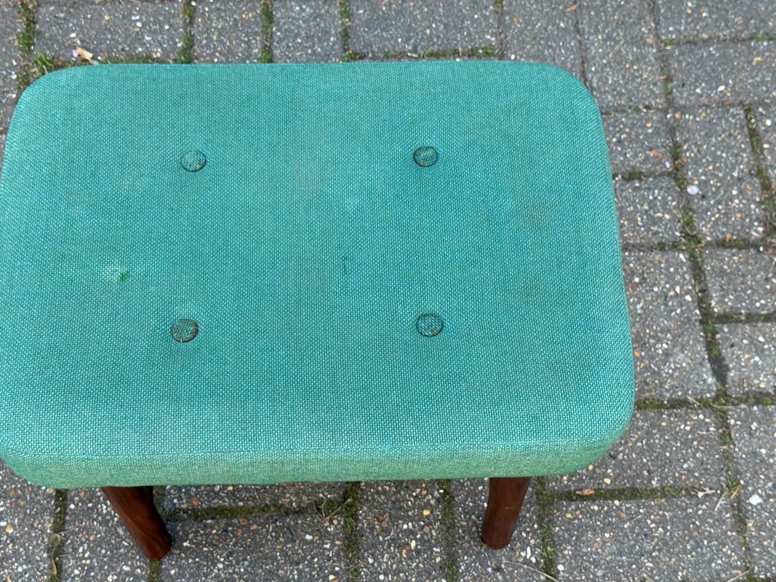 140.0 Mid Century Teak Upholstered Stool Green Fabric Footstool Retro Style photo