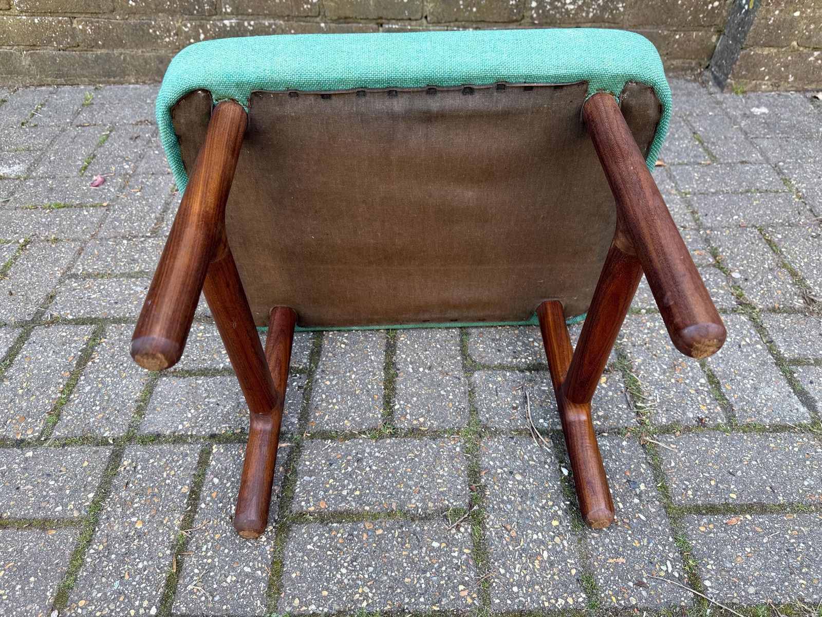 photo vinterior Mid Century Teak Upholstered Stool Green Fabric Footstool Retro Style