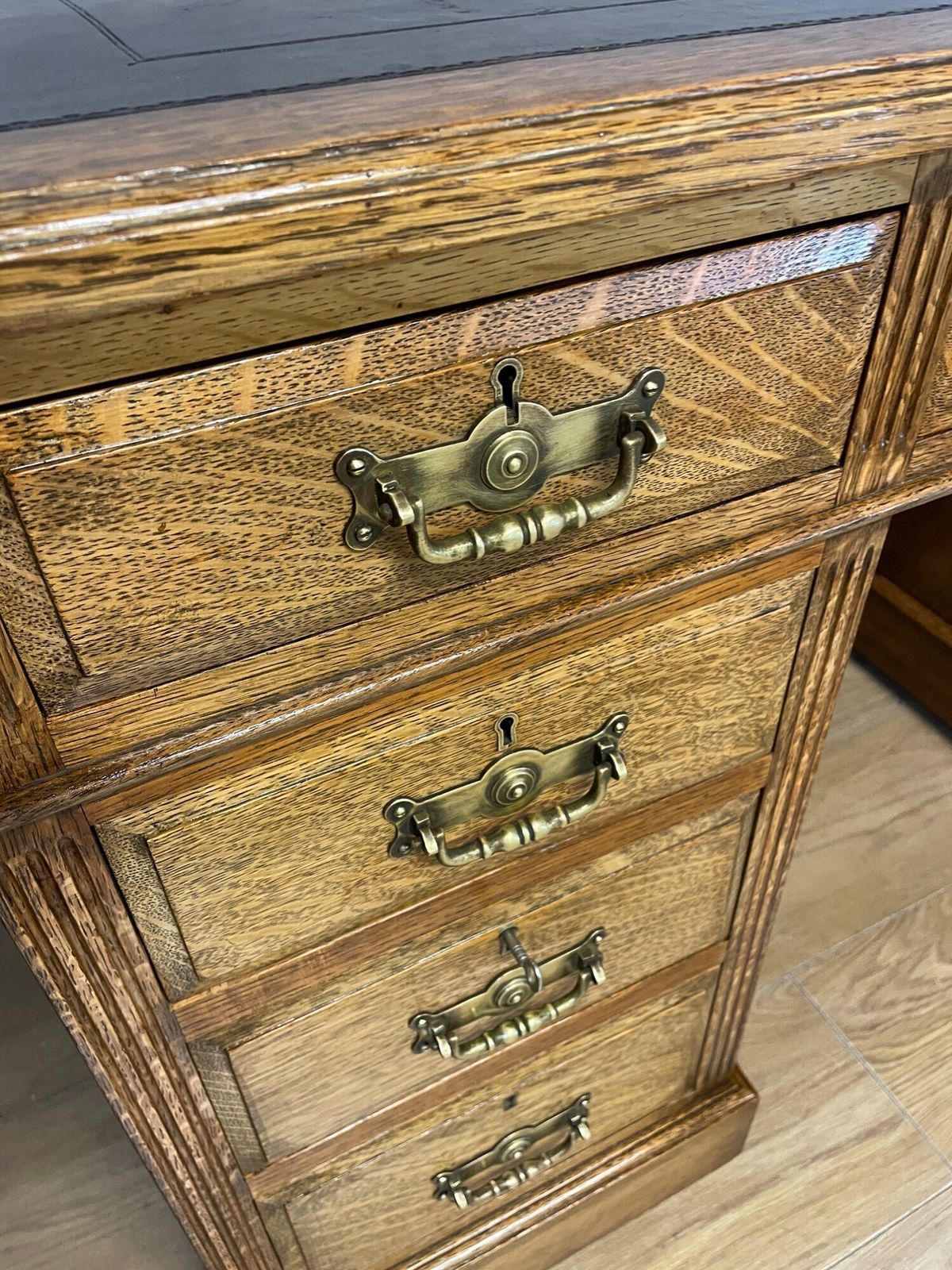 Arts And Crafts Golden Oak Three Part Desk With Inset Leather Top photo vinterior