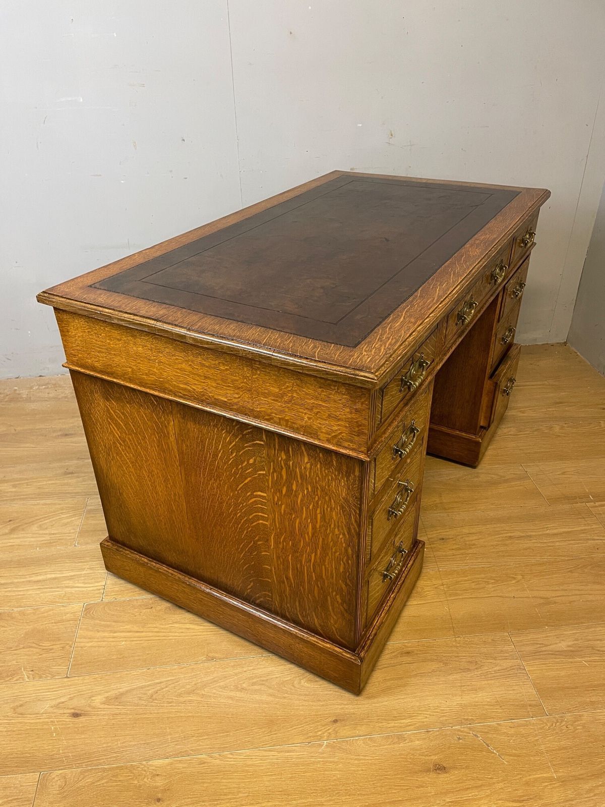 photo for sale Arts And Crafts Golden Oak Three Part Desk With Inset Leather Top