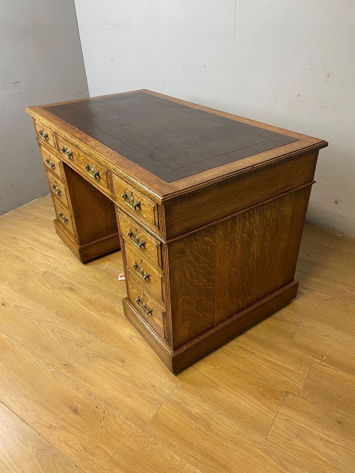 Furniture Arts And Crafts Golden Oak Three Part Desk With Inset Leather Top photo