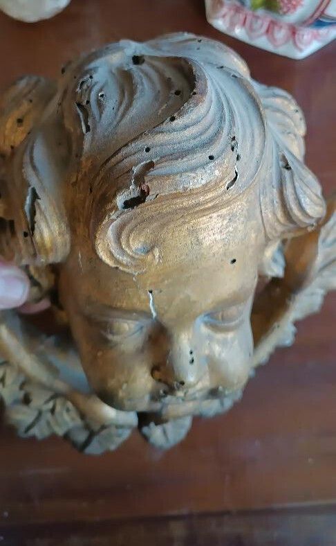 Large Antique Cherub Head, 17th Century Italian Baroque Style photo vintage