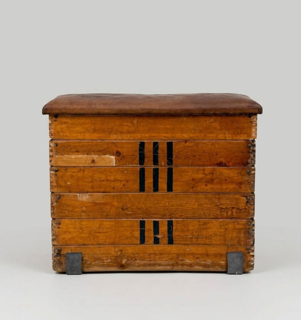 Gym Vaulting Box Vintage Wood Leather Swedish Box photo vinterior