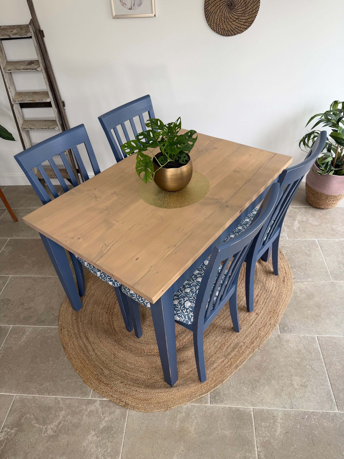 4 Seater Rustic Dining Table And Chairs Painted Blue With Patterned Fabric Cushioned Seats