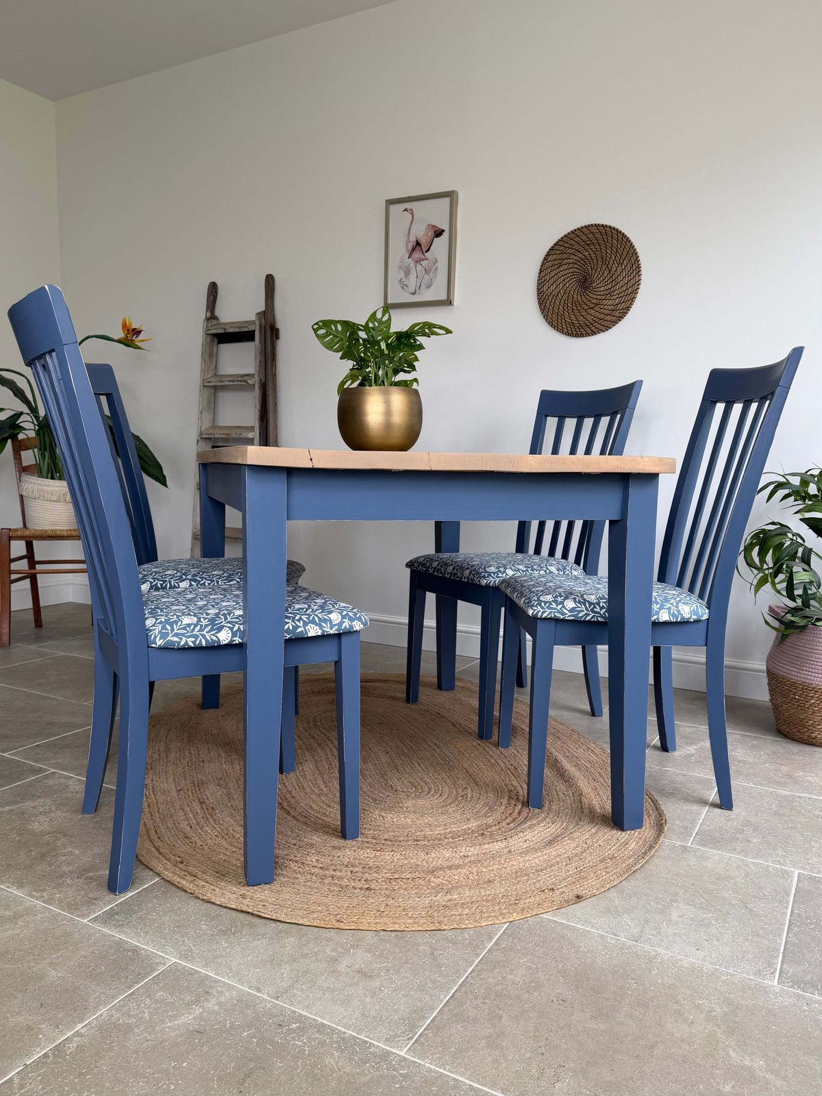 4 Seater Rustic Dining Table And Chairs Painted Blue With Patterned Fabric Cushioned Seats photo furniture