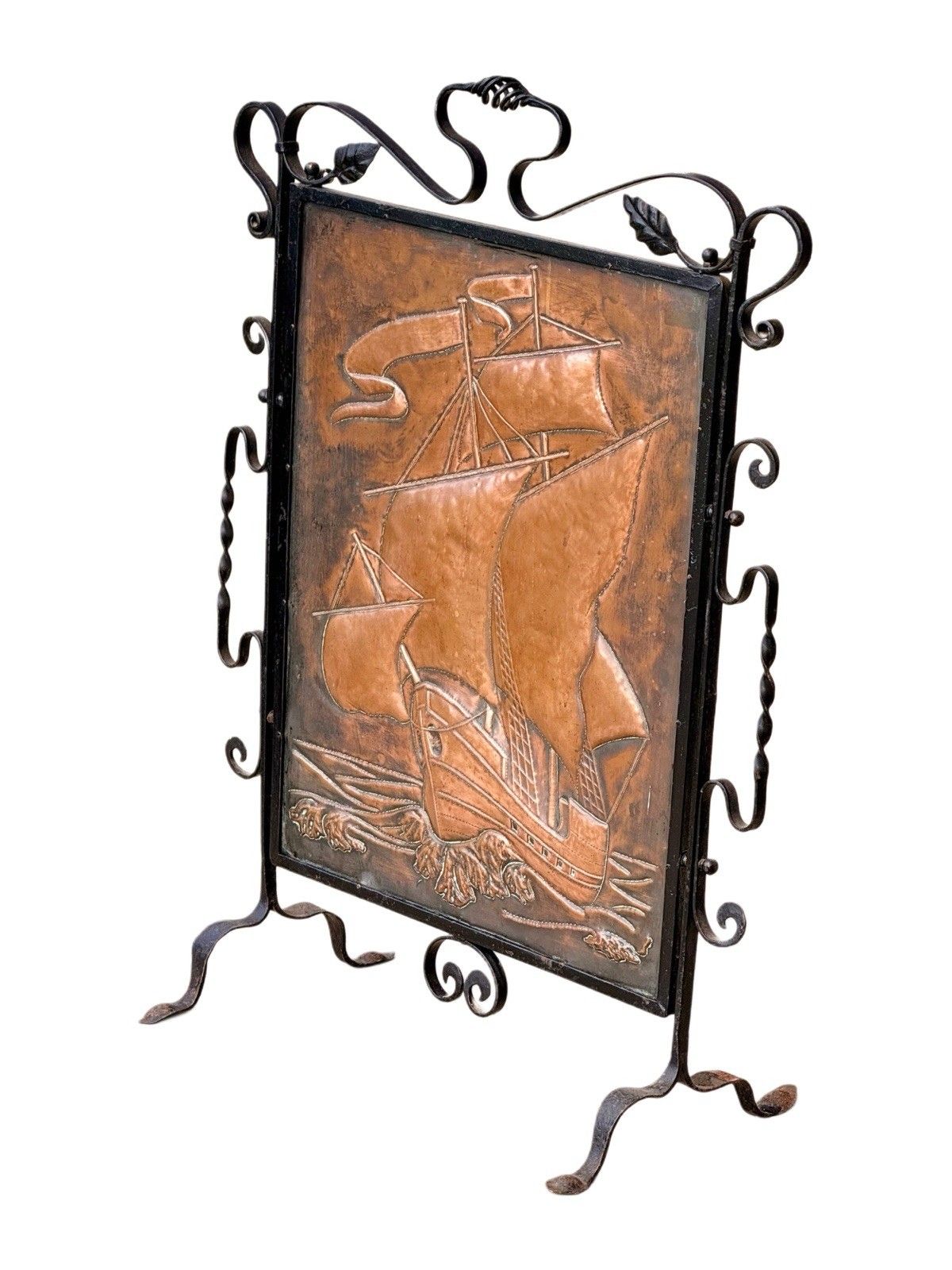 Arts & Crafts Newlyn School Wrought Iron & Copper Repousse Galleon Fire Screen photo for sale