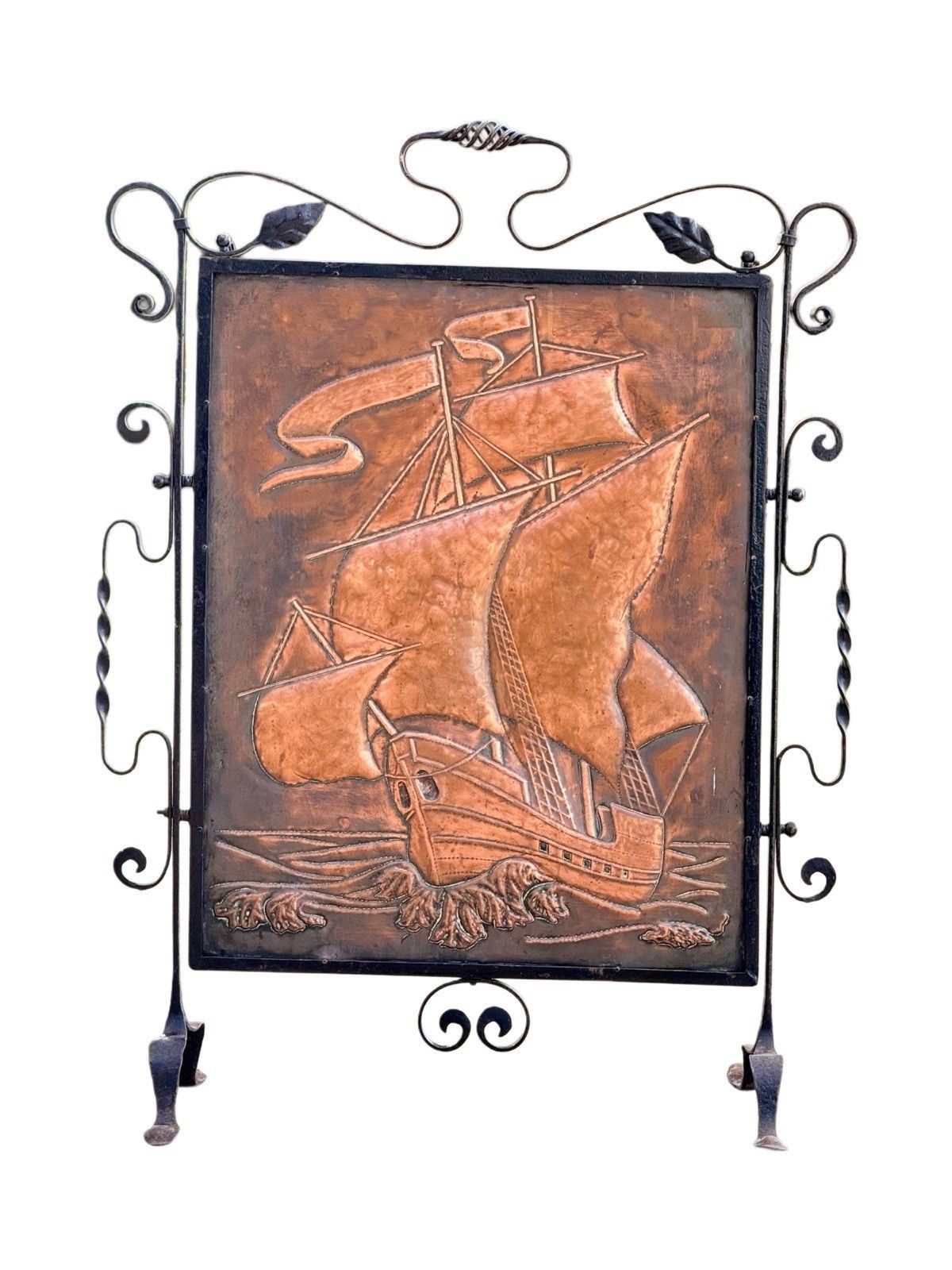 photo for sale Arts & Crafts Newlyn School Wrought Iron & Copper Repousse Galleon Fire Screen
