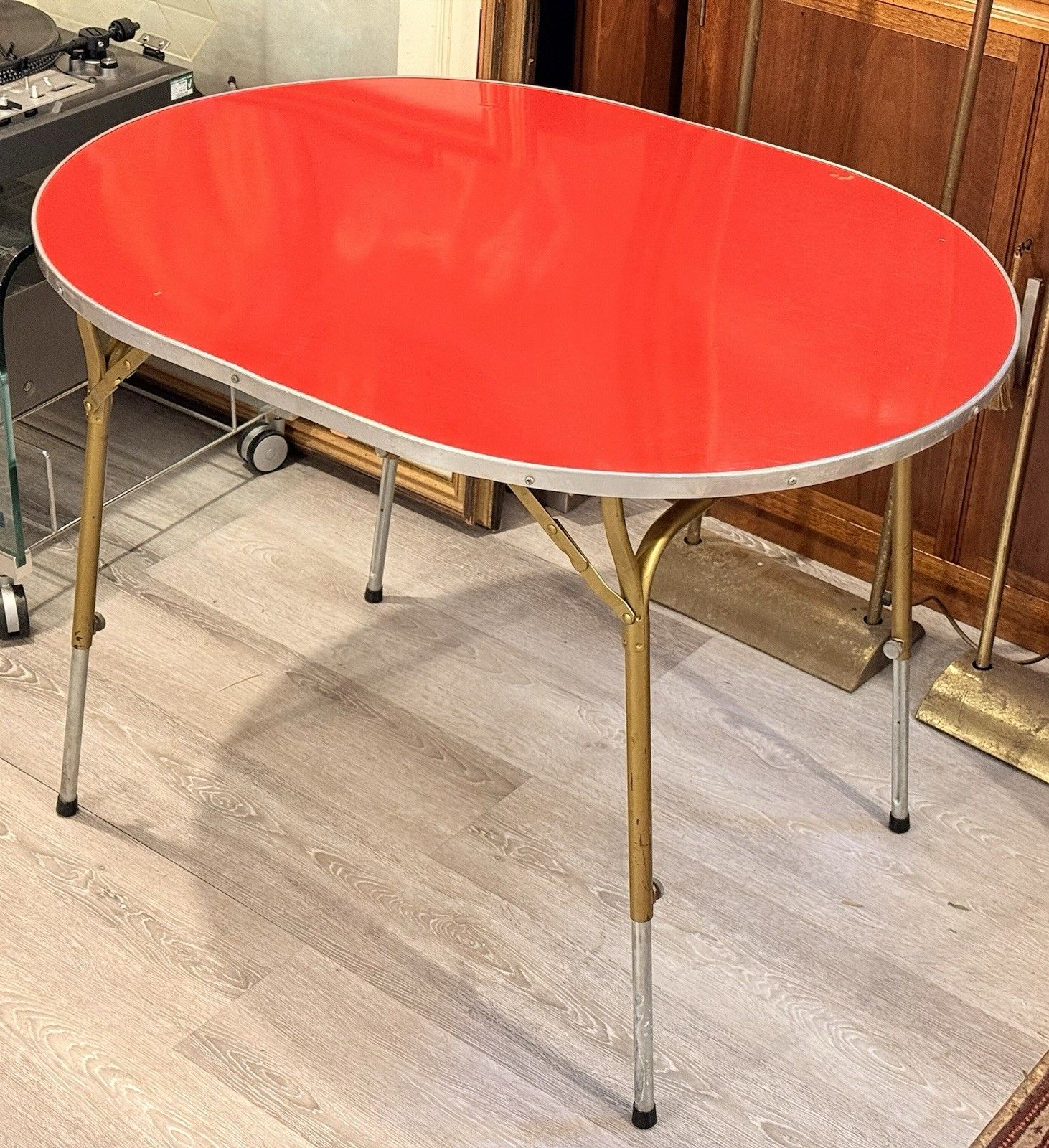 150.0 Vintage Lafuma Red Oval Folding Camping Table Height Adjustable French photo
