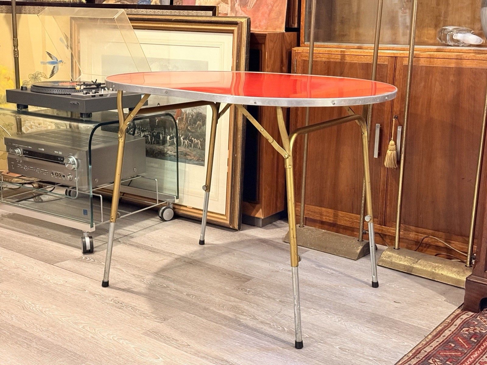 photo vinterior Vintage Lafuma Red Oval Folding Camping Table Height Adjustable French