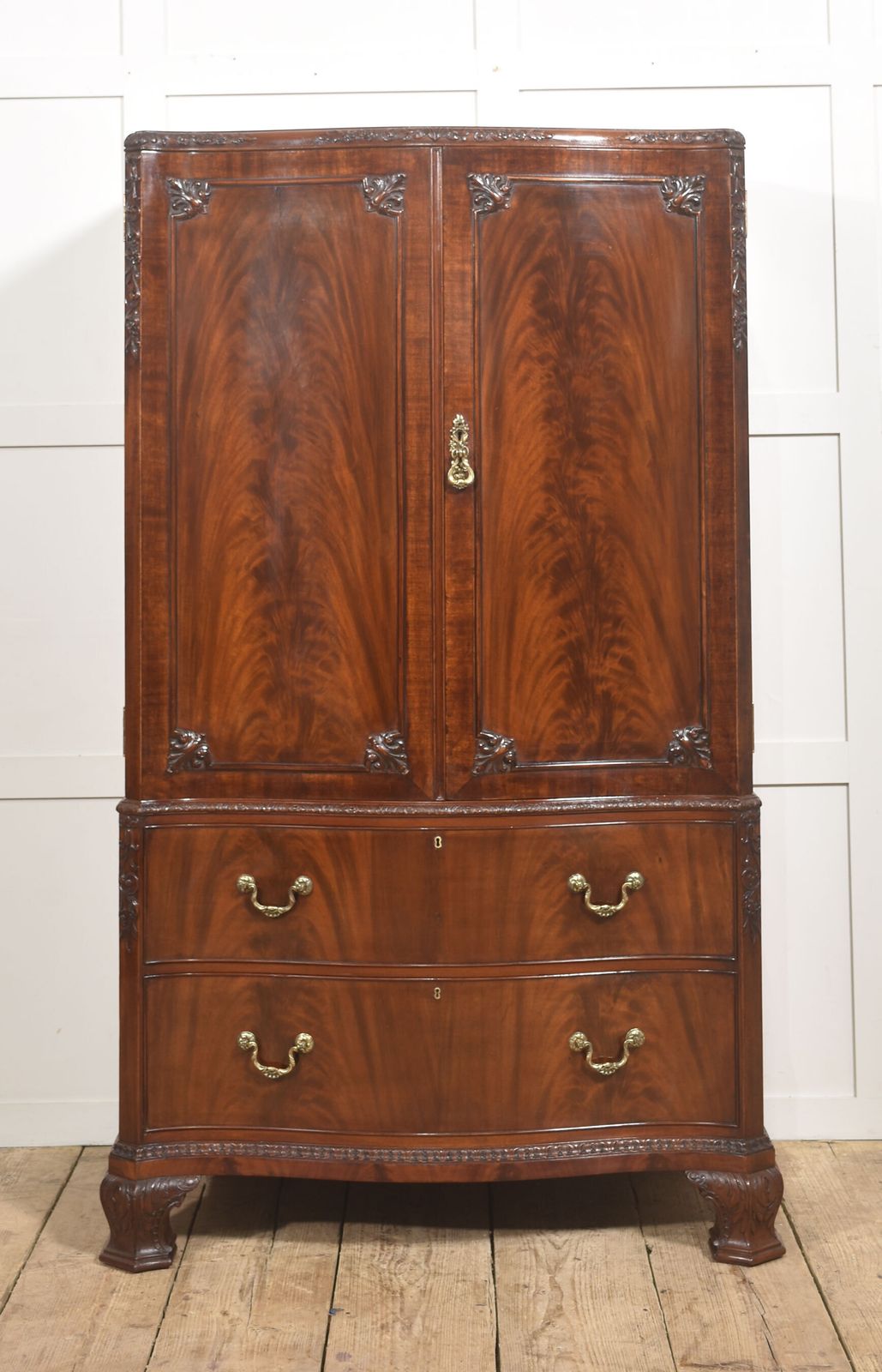 Figured Mahogany Tallboy Linen Press With Carved Detail photo furniture