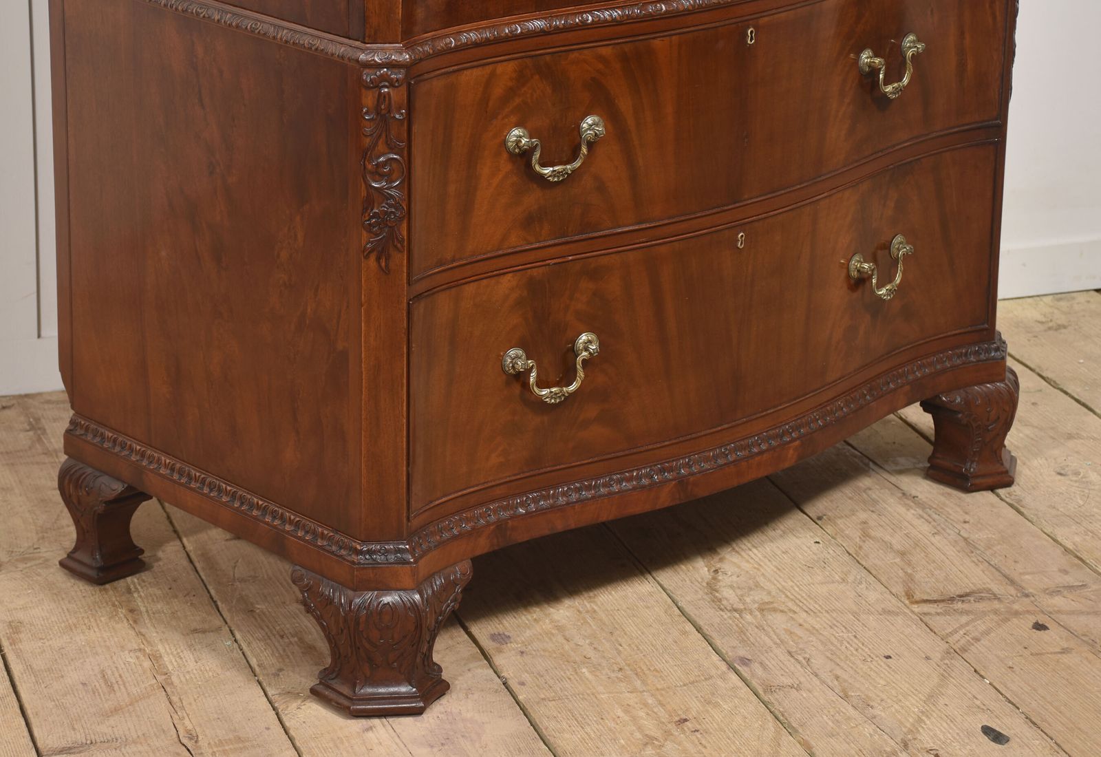 photo for sale Figured Mahogany Tallboy Linen Press With Carved Detail
