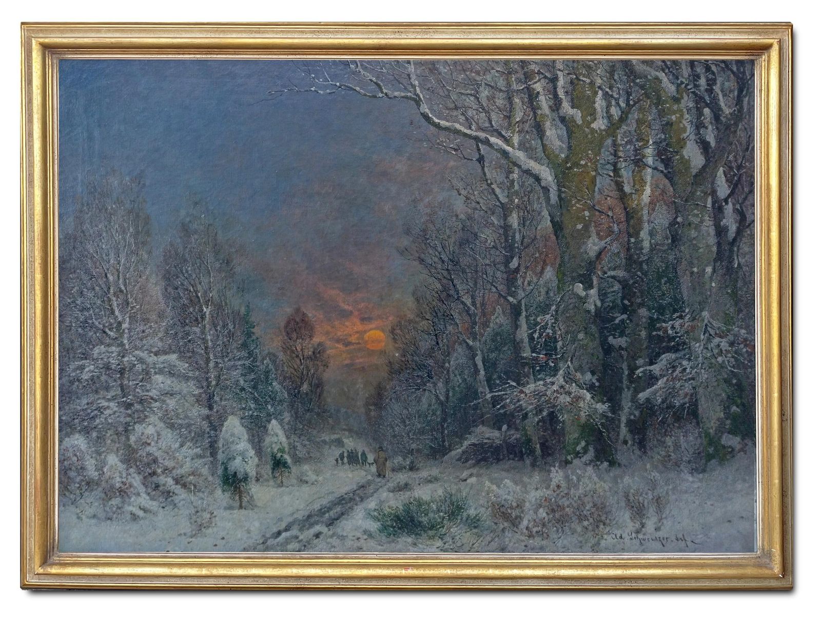 Winter Night Landscape Oil On Canvas By A. Gustav Schweitzer