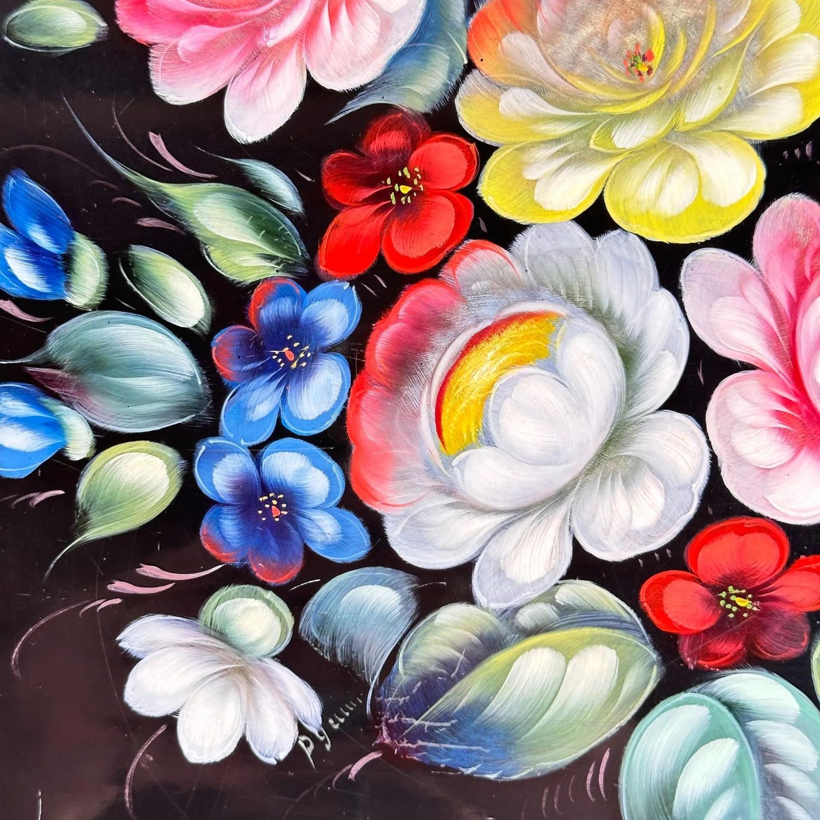 Zhostovo Folk Art Metal Tray Hand Painted Floral Vintage photo vintage