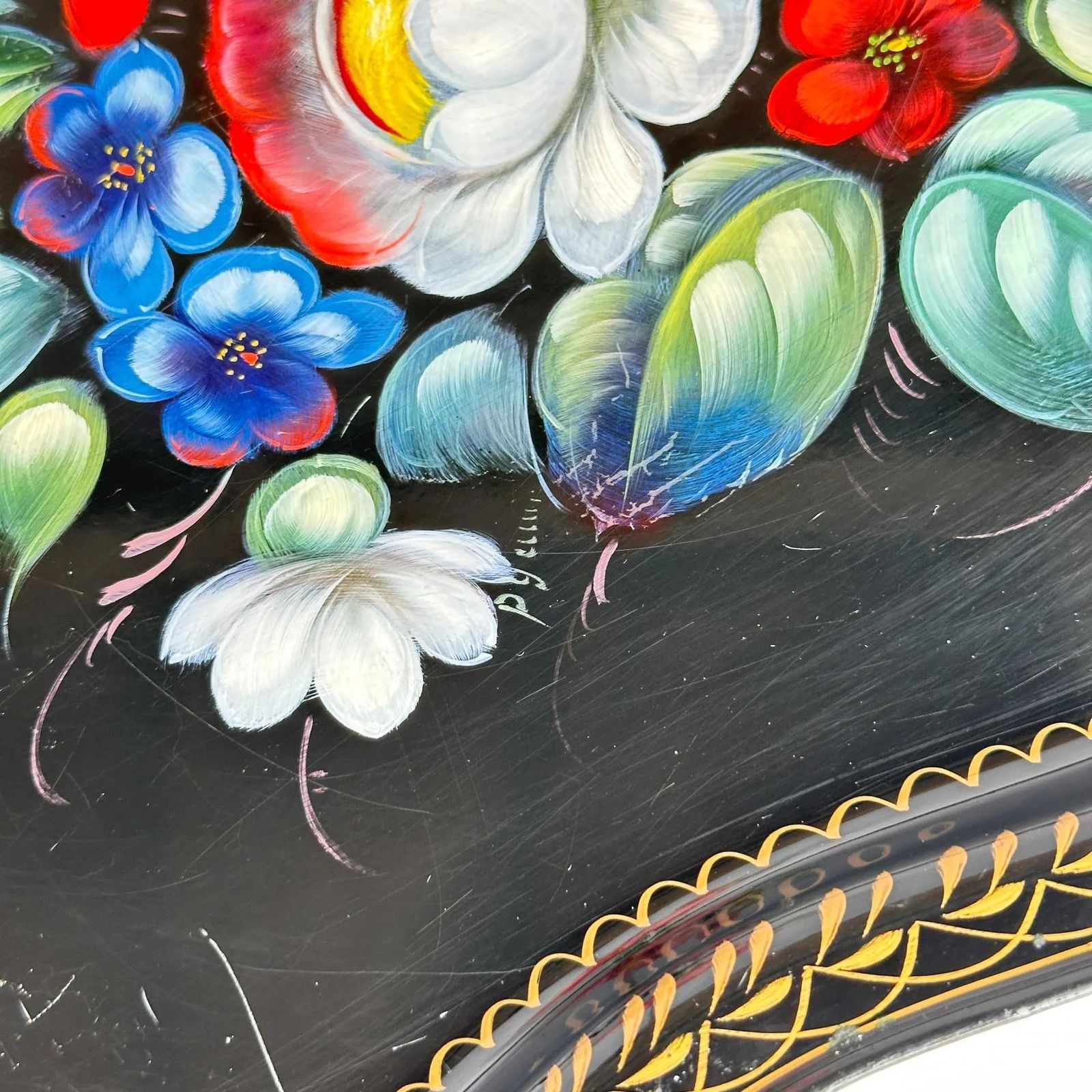 62.0 Zhostovo Folk Art Metal Tray Hand Painted Floral Vintage photo
