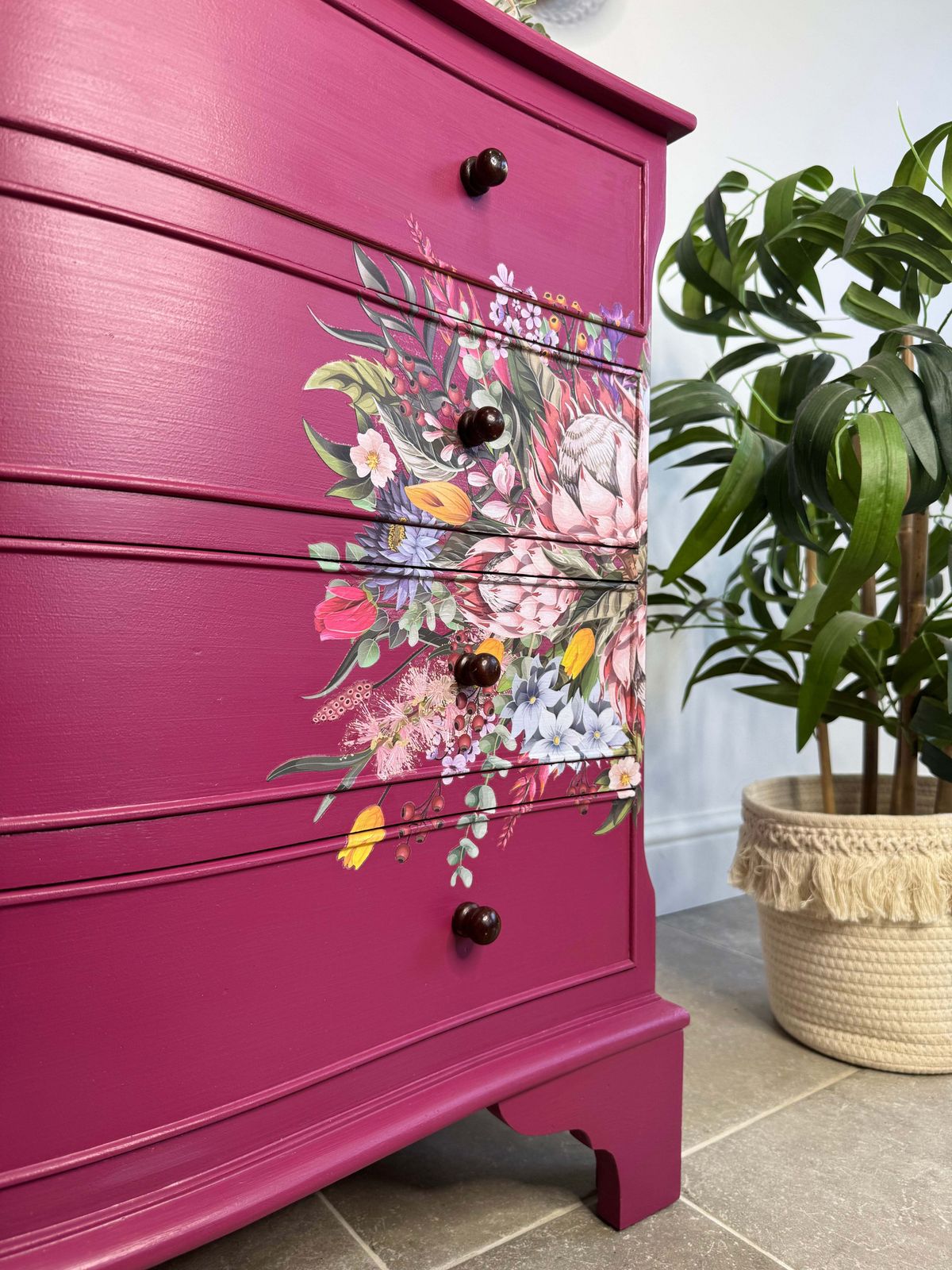 photo furniture Bright Pink And Floral Vintage Bow Fronted Chest Of Drawers