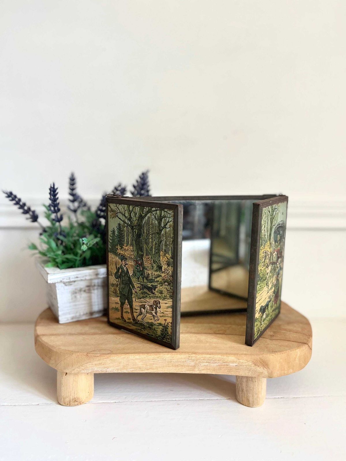 Miroir triptyque d'époque, scènes de village et de campagne françaises, miroir de barbier