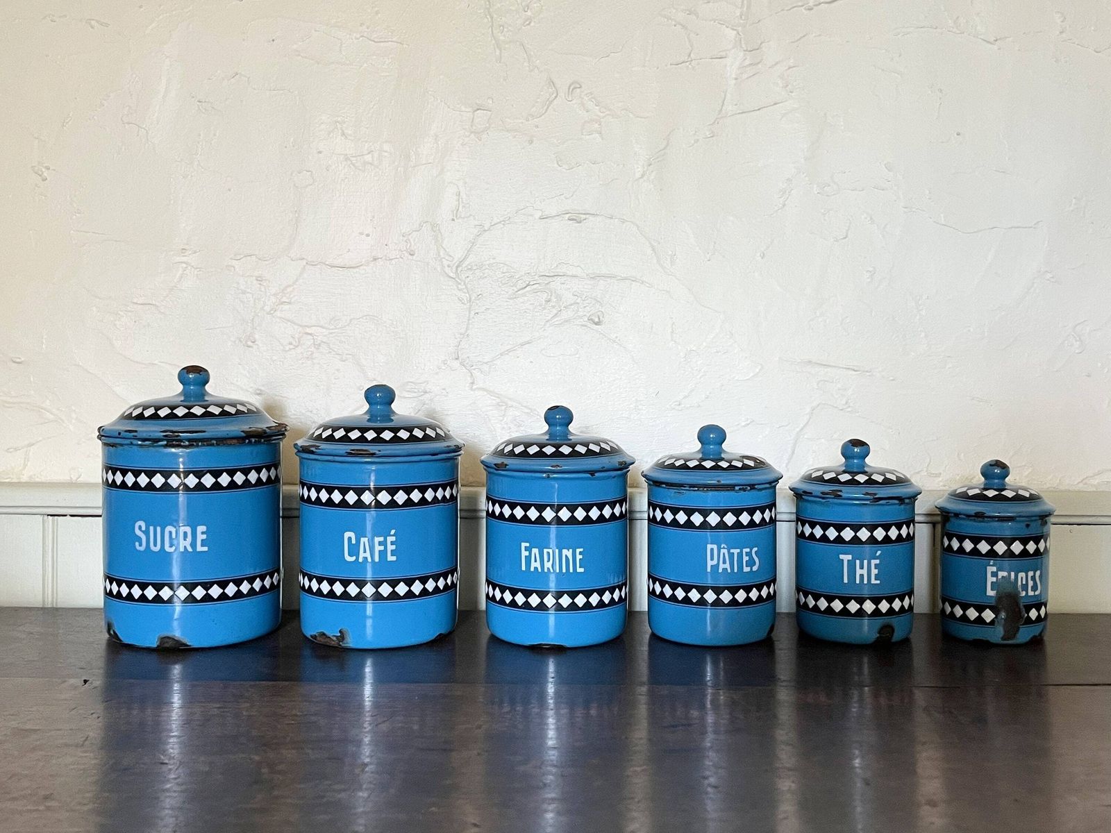 6 boîtes de cuisine d'époque en émail français, Duco Bgb