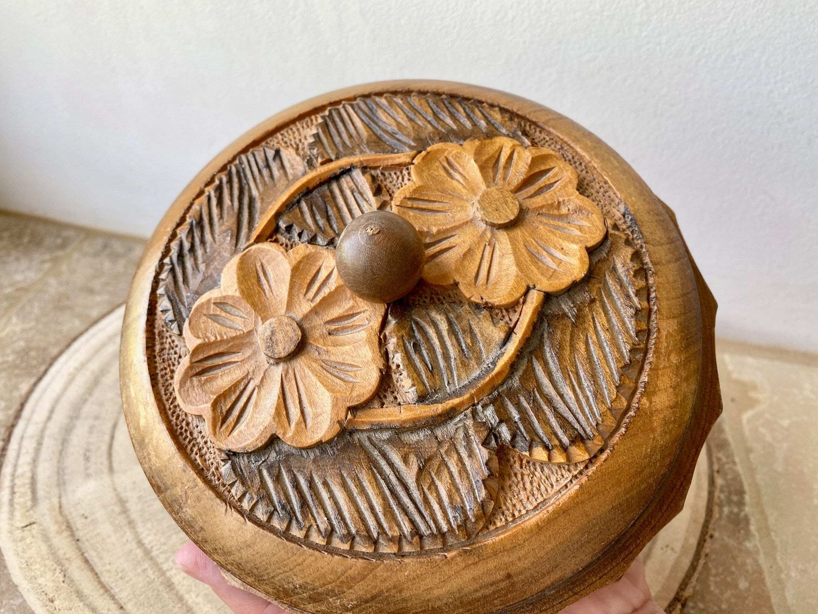 Vintage French Hand Carved Round Wooden Box, Jewelry Box photo buy