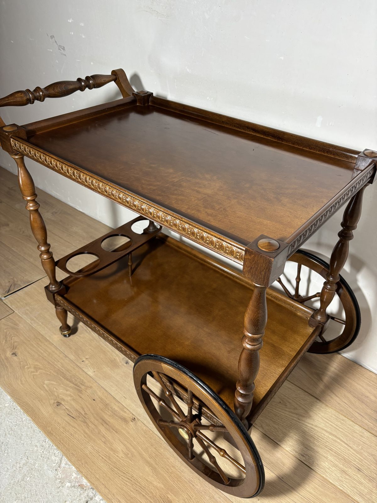 1450.0 Spanish Mid Century Wooden Bar Cart With Turned Legs And Bottle Holder photo