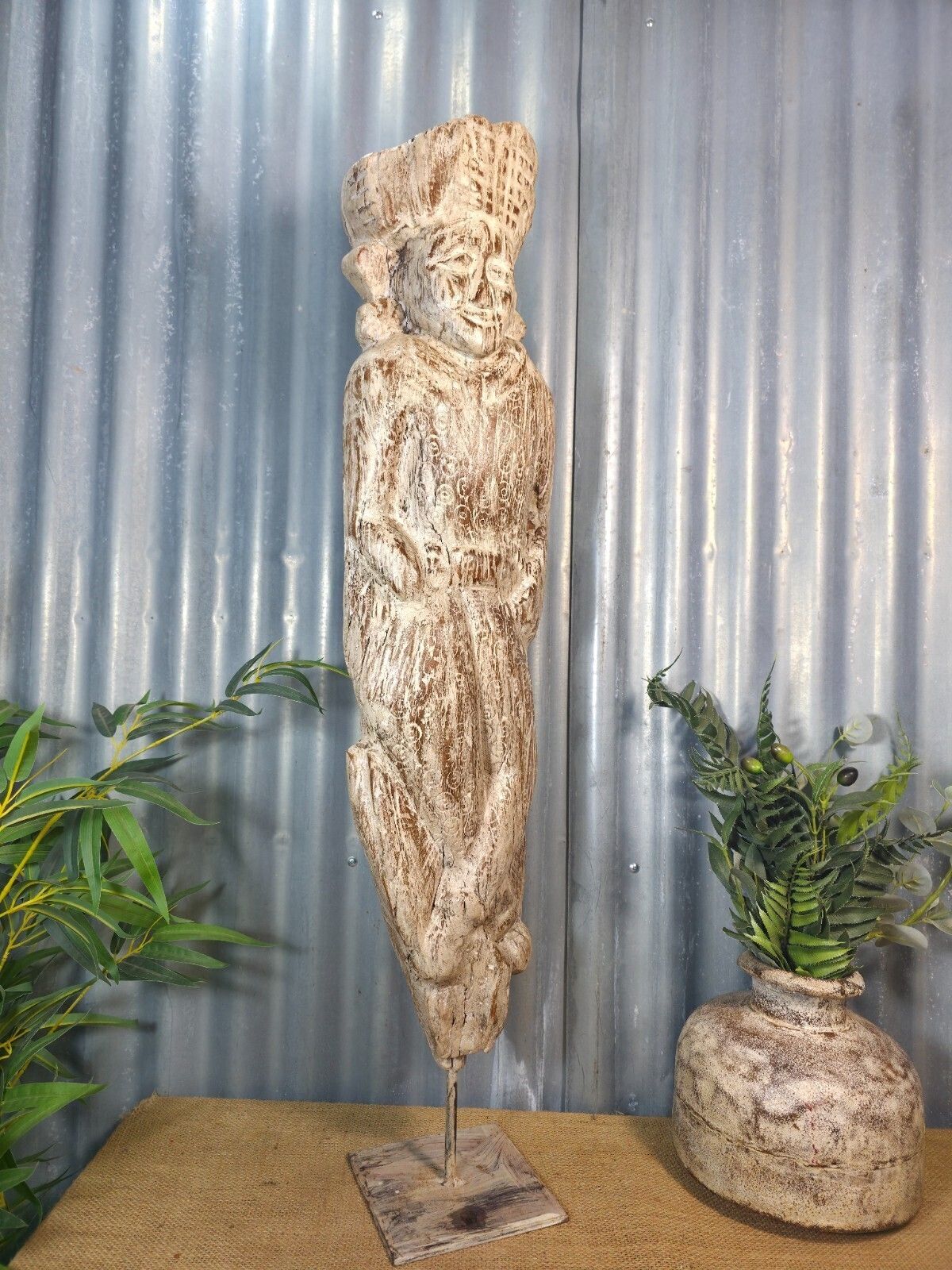 Vintage Rustic Wabi Sabi Hand Carved Indian Wooden Statue Sculpture On Stand photo 195.0