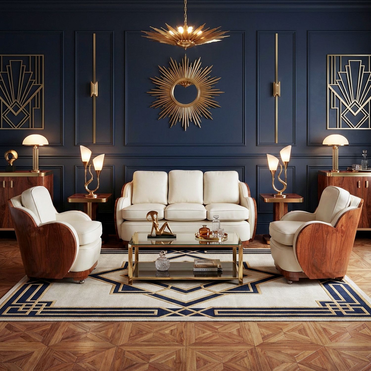 English Art Deco Three Piece Walnut & Leather Cloud Shape   Pair Of Armchairs & Sofa Couch (Circa 1930)