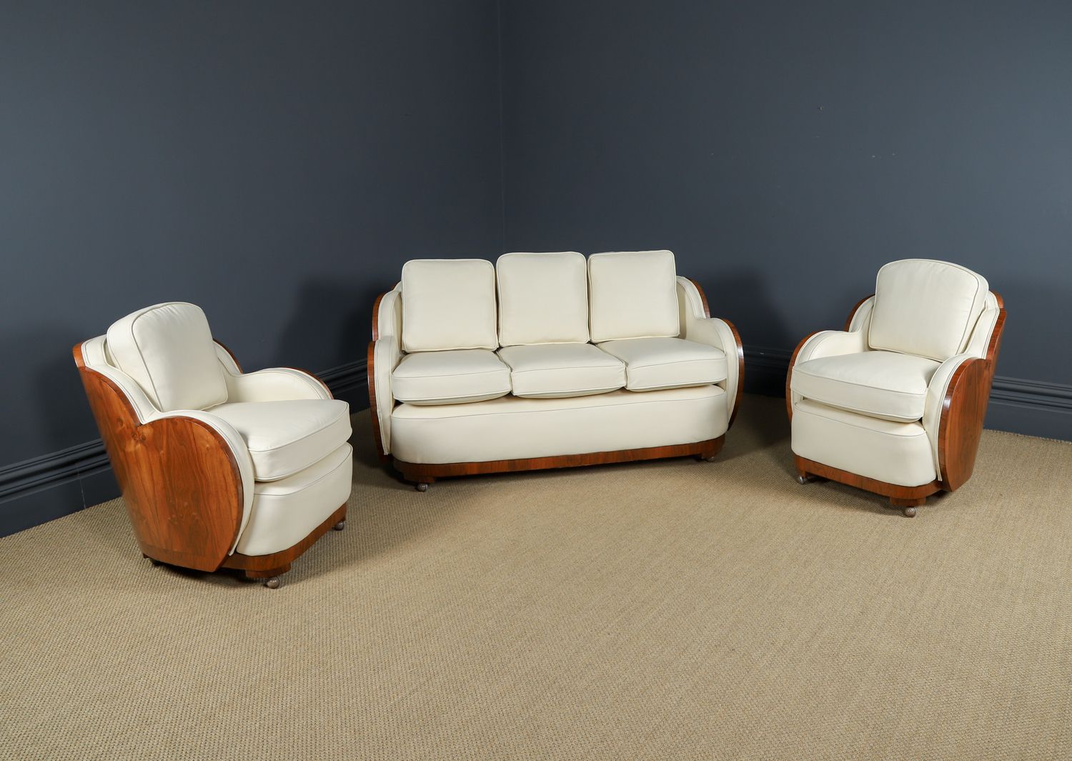 English Art Deco Three Piece Walnut & Leather Cloud Shape   Pair Of Armchairs & Sofa Couch (Circa 1930) photo furniture