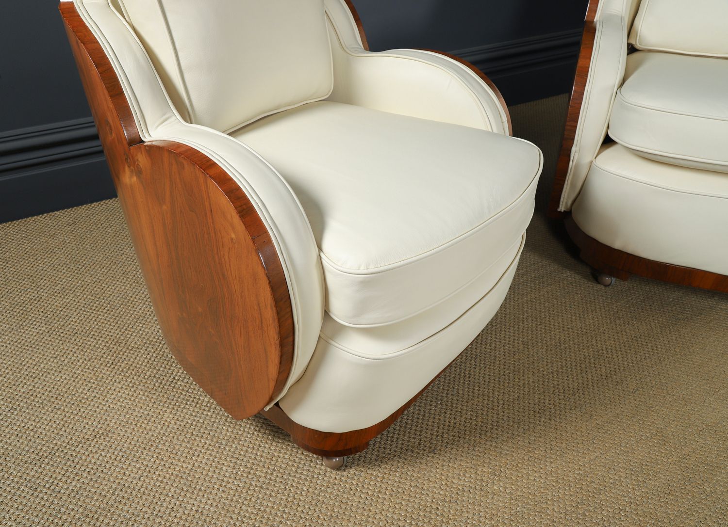 English Art Deco Three Piece Walnut & Leather Cloud Shape   Pair Of Armchairs & Sofa Couch (Circa 1930) photo Furniture