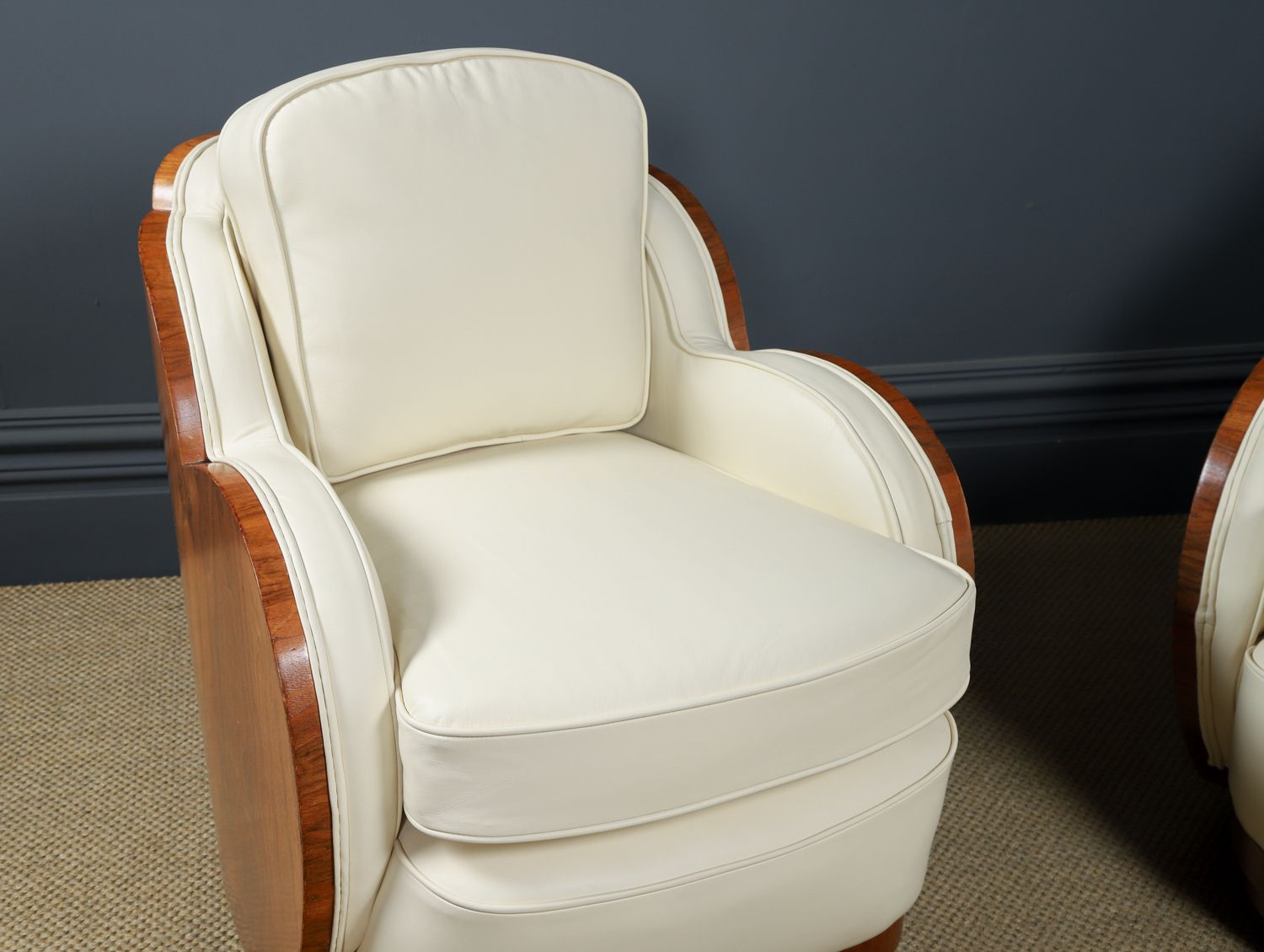 English Art Deco Three Piece Walnut & Leather Cloud Shape   Pair Of Armchairs & Sofa Couch (Circa 1930) photo 14950.0