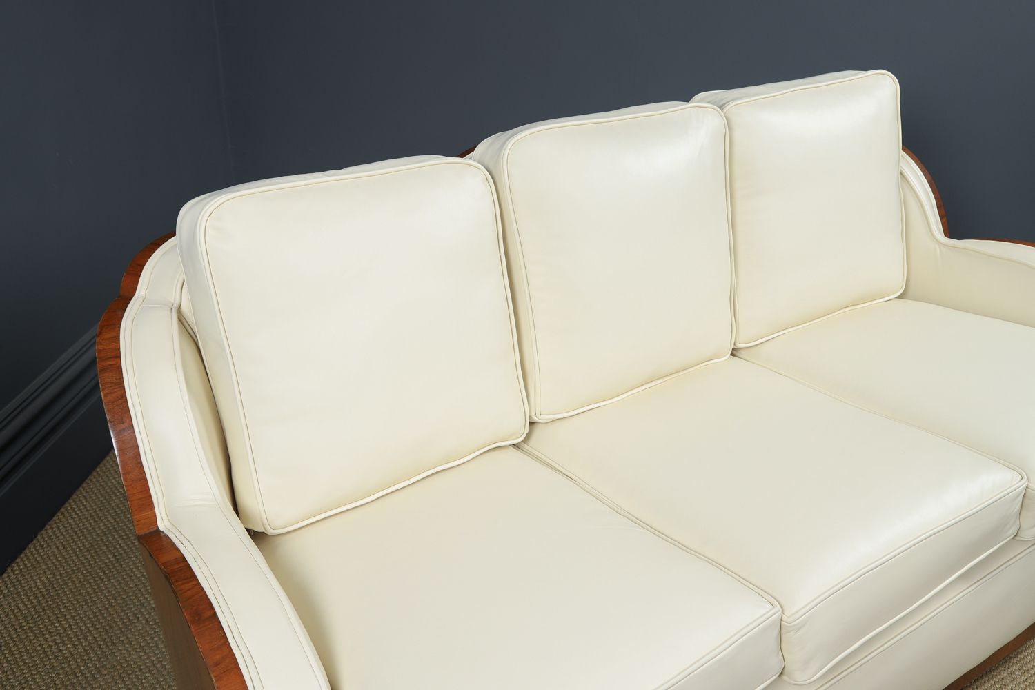 photo for sale English Art Deco Three Piece Walnut & Leather Cloud Shape   Pair Of Armchairs & Sofa Couch (Circa 1930)