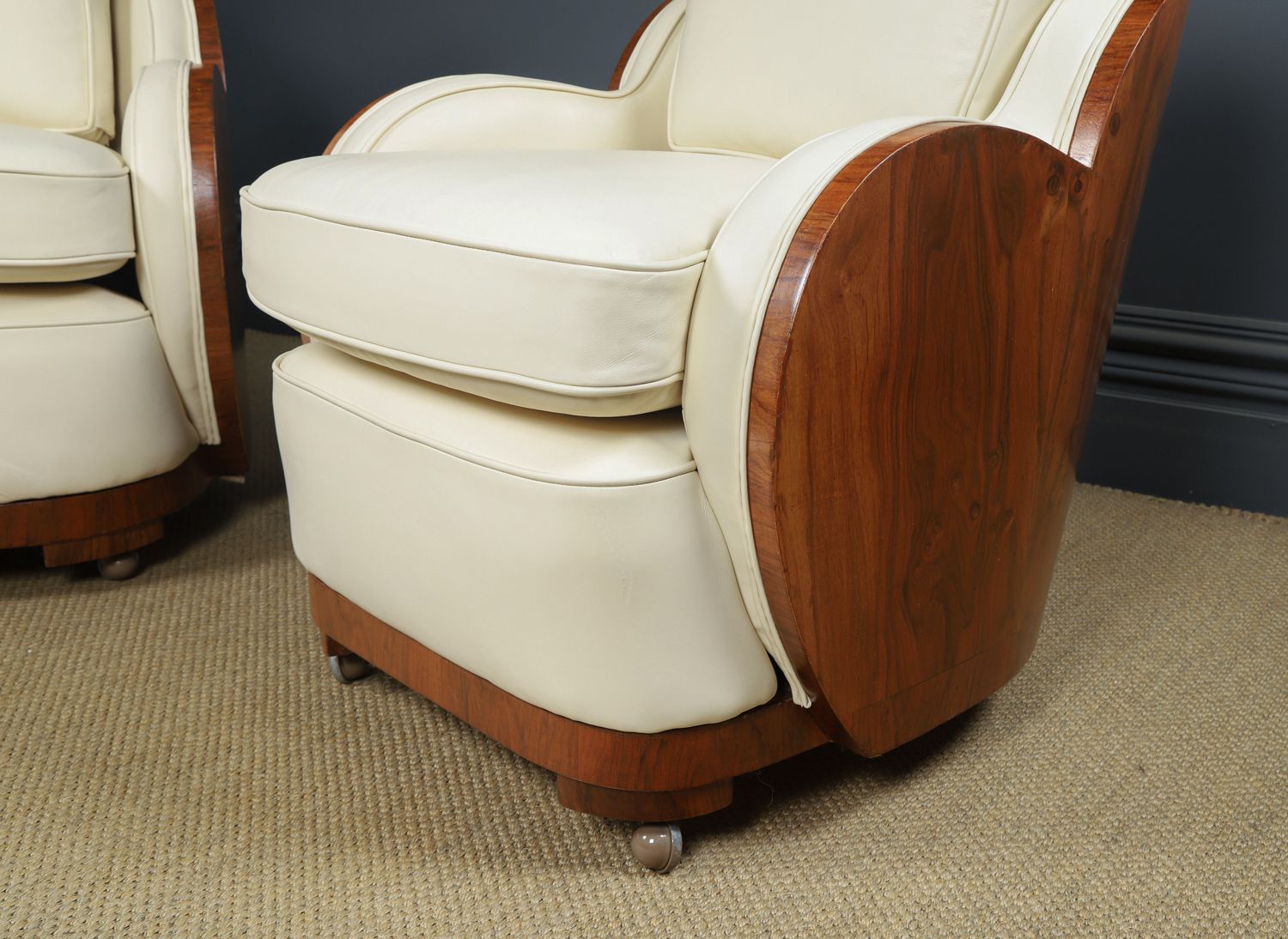 photo vinterior English Art Deco Three Piece Walnut & Leather Cloud Shape   Pair Of Armchairs & Sofa Couch (Circa 1930)
