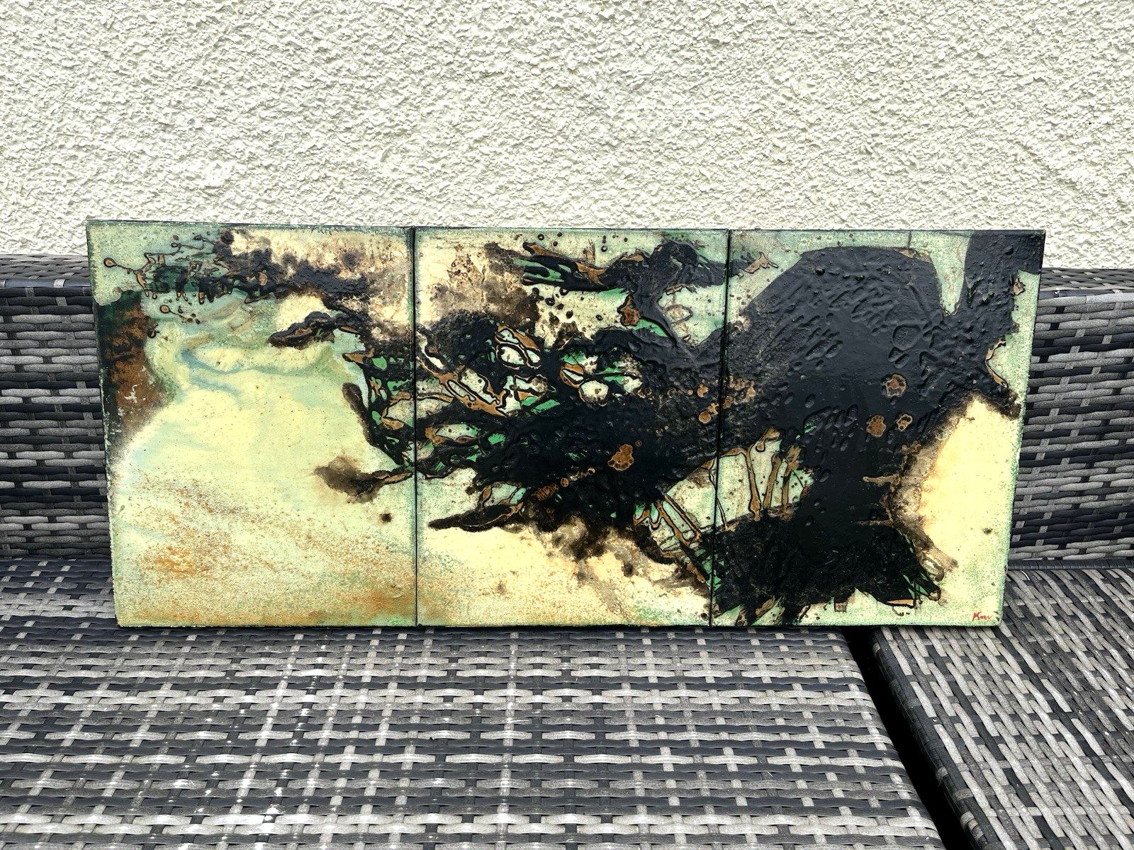 Large Vintage 60's Abstract Triptych Panel Painting Mid Century Modern Brutalist photo furniture