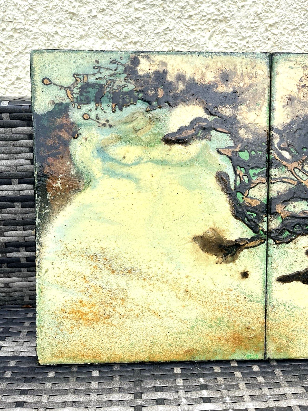 Large Vintage 60's Abstract Triptych Panel Painting Mid Century Modern Brutalist photo for sale