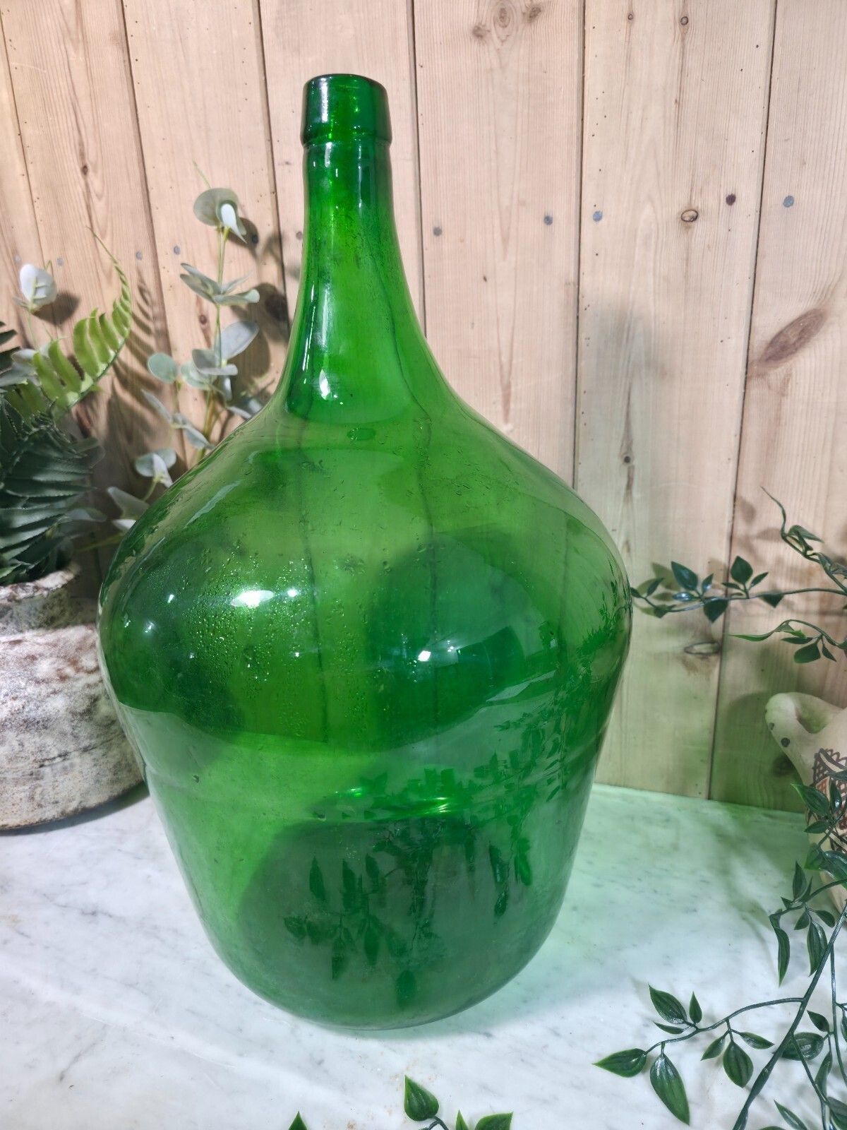 Vintage Rustic French Large Green Hand Blown Glass Demijohn Carboy Wedding Prop photo vinterior