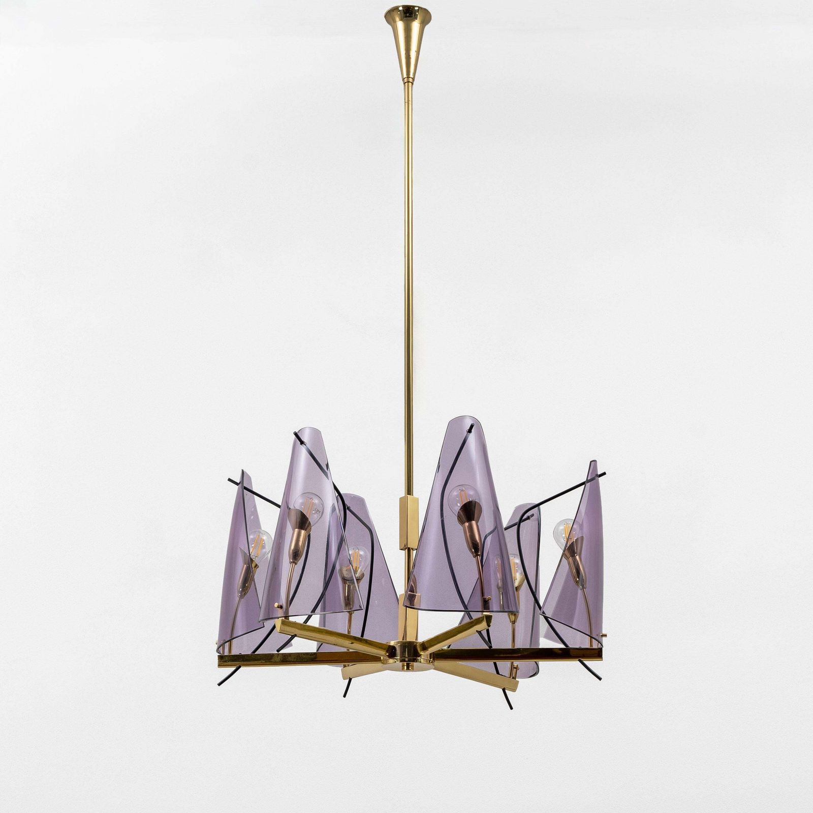 Italian Mid Century Stilux Milano Chandelier In Brass And Purple Plexiglass, 70s photo furniture