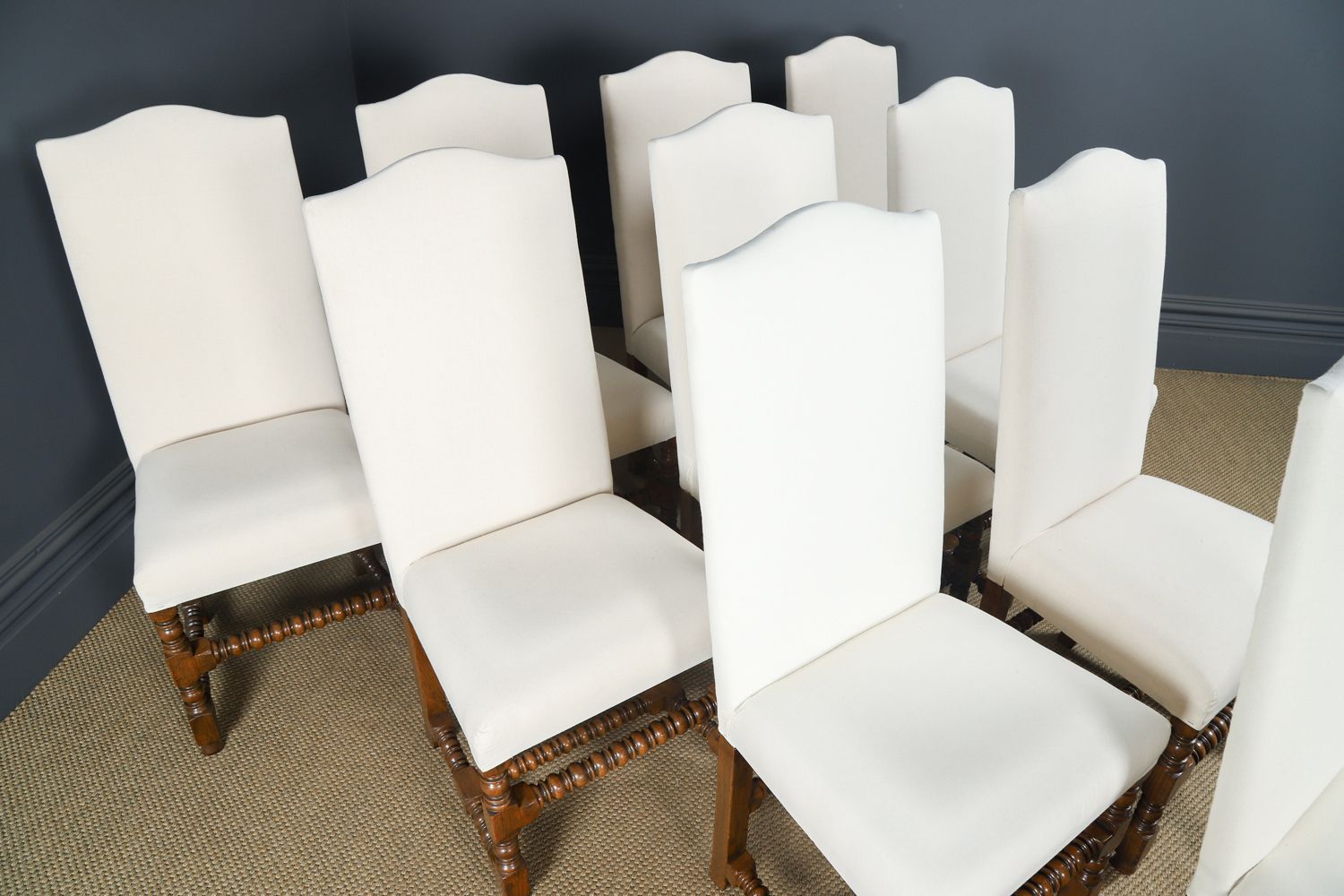 7750.0 English 17th Century Style Set Of Ten 10 Oak Upholstered High Back Kitchen Dining Chairs (Circa 1980) photo