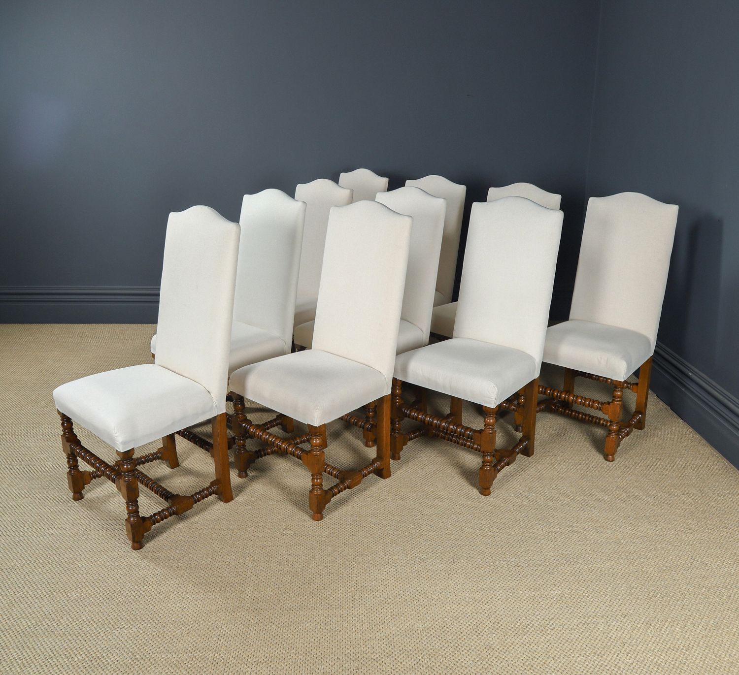 photo buy English 17th Century Style Set Of Ten 10 Oak Upholstered High Back Kitchen Dining Chairs (Circa 1980)