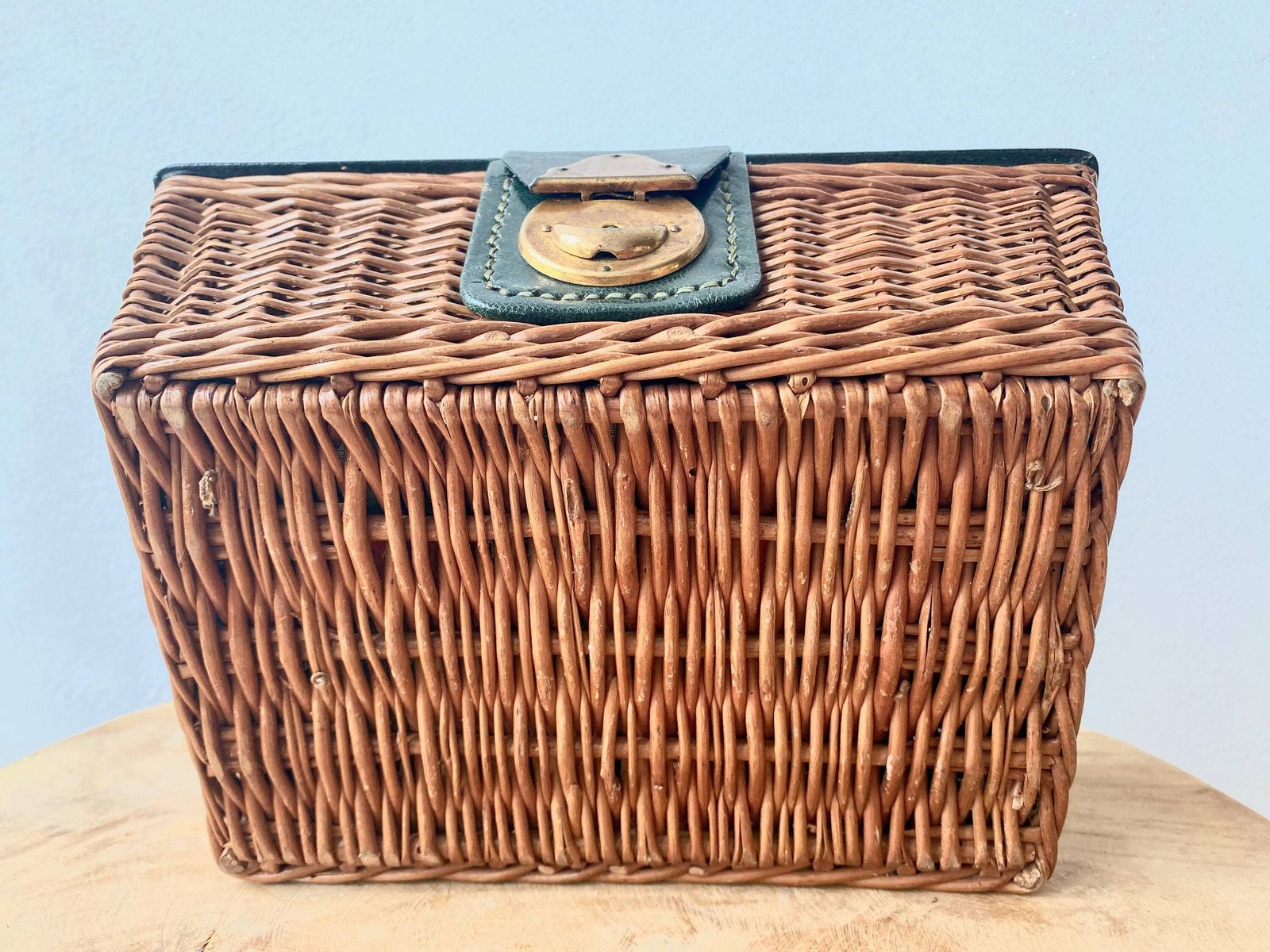 photo for sale Vintage Rattan And Silk Jewelry Box, Sewing Box