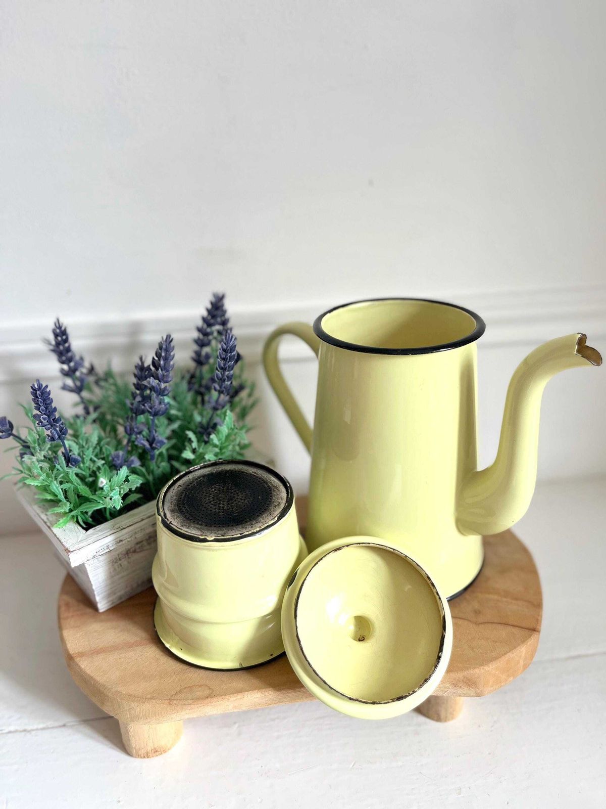 Vintage French Cream Enamel Cafetiere, Coffee Maker, Enamelware photo 125.0